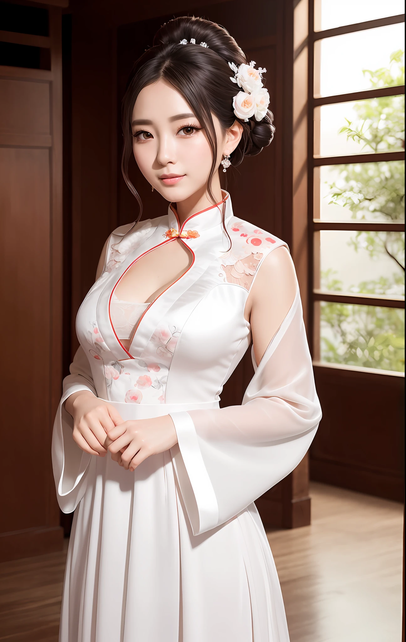 best quality, masterpiece, illustration, very delicate and beautiful, highly detailed, CG, unity, 8k wallpaper, amazing, elaborate details, masterpiece, best quality, official art, highly detailed CG unity 8k wallpaper, super detailed, high resolution, highly detailed, beautiful detailed girl, very detailed eyes and face, beautiful detailed eyes, face light, (Hanfu: 1.1), 1 girl, Cheongsam with white lace open chest, big beautiful big, beautiful ass, 27 years old, smile, oblique back
