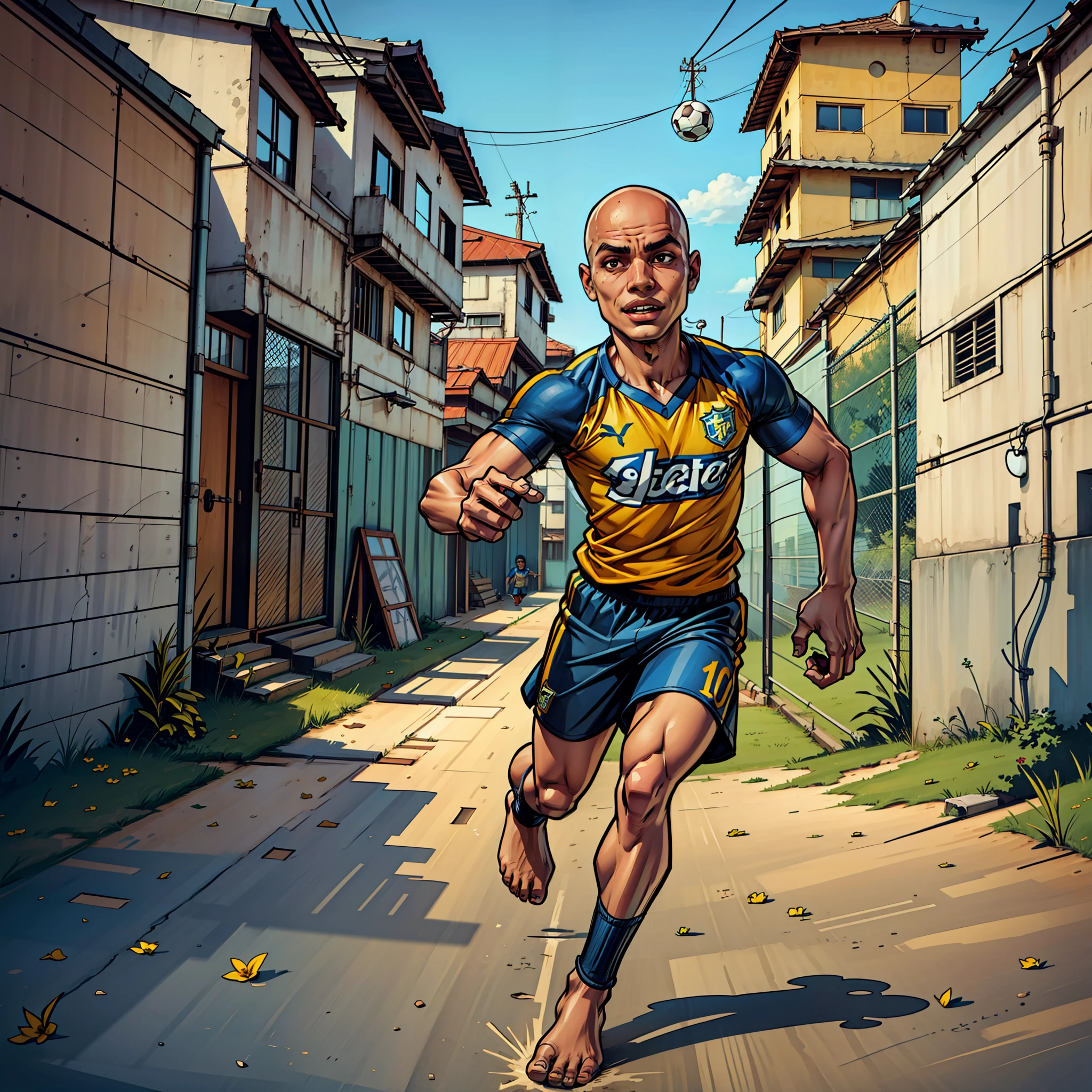 The image shows a -yeld boslender but cheerful and determined. He is black, bald, with bright black eyes. He's wearing a football team jersey with the number 10 and blue shorts. The boy is barefoot and runs across the grassless field with a soccer ball on his feet. In the background, it is possible to see a favela, which contrasts with the beautiful background of Rio de Janeiro. The goal with net can also be seen in the image, and the boy looks extremely detailed and realistic. The image is in 4k, minimalist and incredibly beautiful.