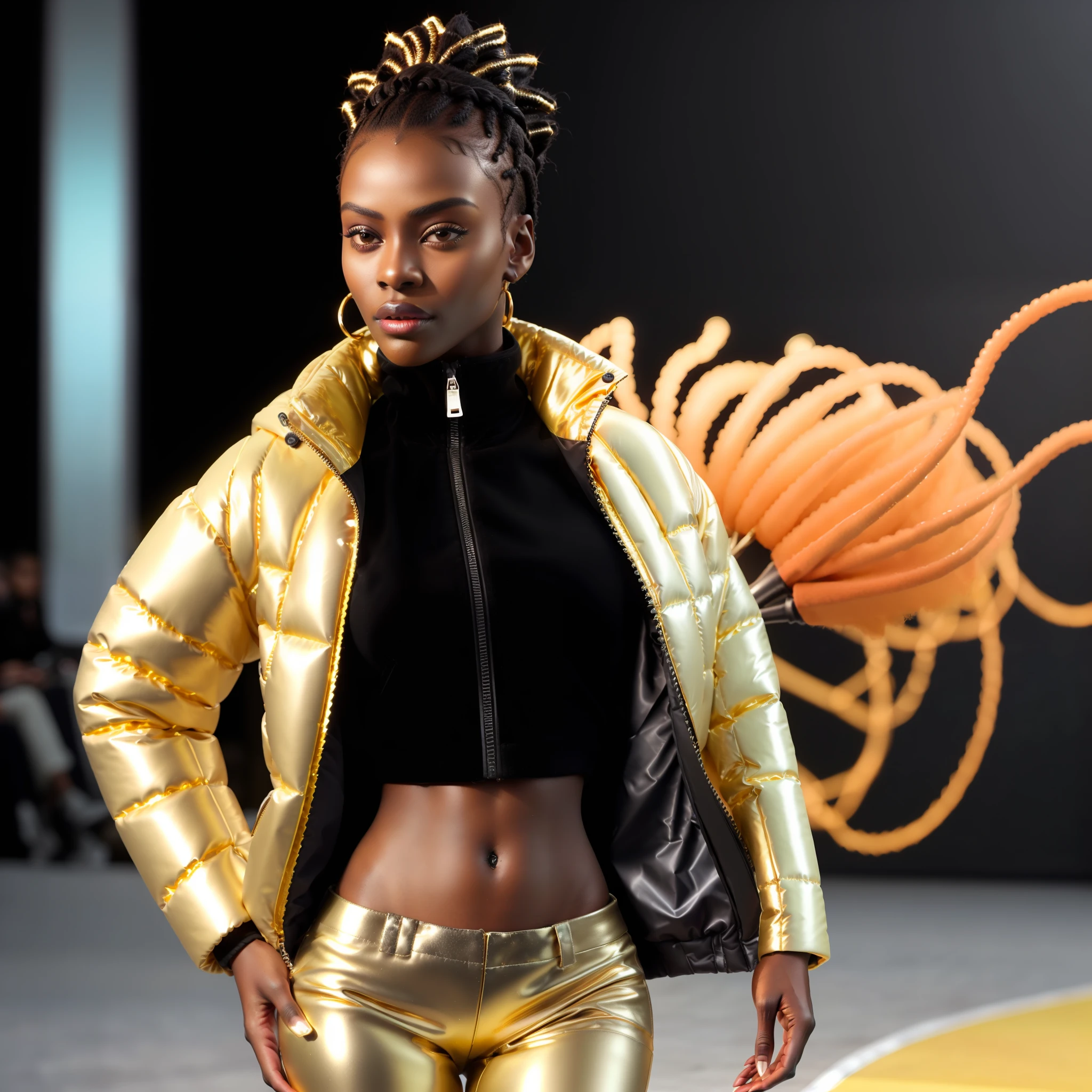 ((( an ultra realistic woman, black skin, parading confidently on the runway))) with perfect Sudanese African facial features, short afro hair, braided, ultra detailed in hd, with nice expression, wearing oversized style pants, (((Balenciaga puffer style jacket oversized:1.5 ultra definition gold))) (((coral jacket, vivid color, neon, metallic, reflective))), parading on runway, towards the camera, (bring fashion show environment, parade background,ultra realistic) high fashion show, best quality, top quality, image masterpiece, high resolution photography, captured from parade angle.