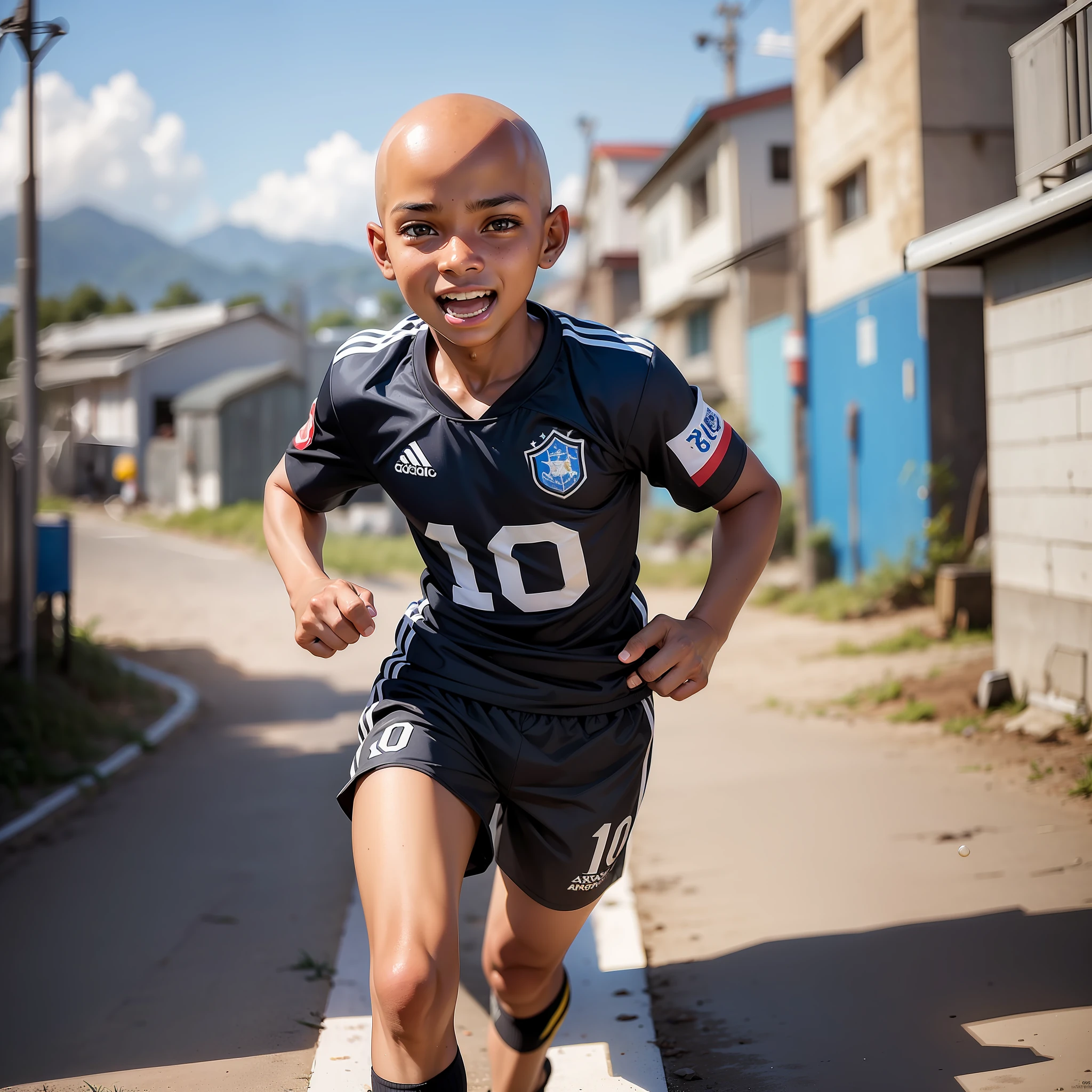 A 10-year-old boy, slender but cheerful and determined. He is black, bald, with bright black eyes. He's wearing a football team jersey with the number 10 and blue shorts. The boy is barefoot and runs across the grassless field with a soccer ball on his feet. In the background, it is possible to see a favela, which contrasts with the beautiful background of Rio de Janeiro. The goal with net can also be seen in the image, and the boy looks extremely detailed and realistic. The image is in 4k, minimalist and incredibly beautiful. Brazilian