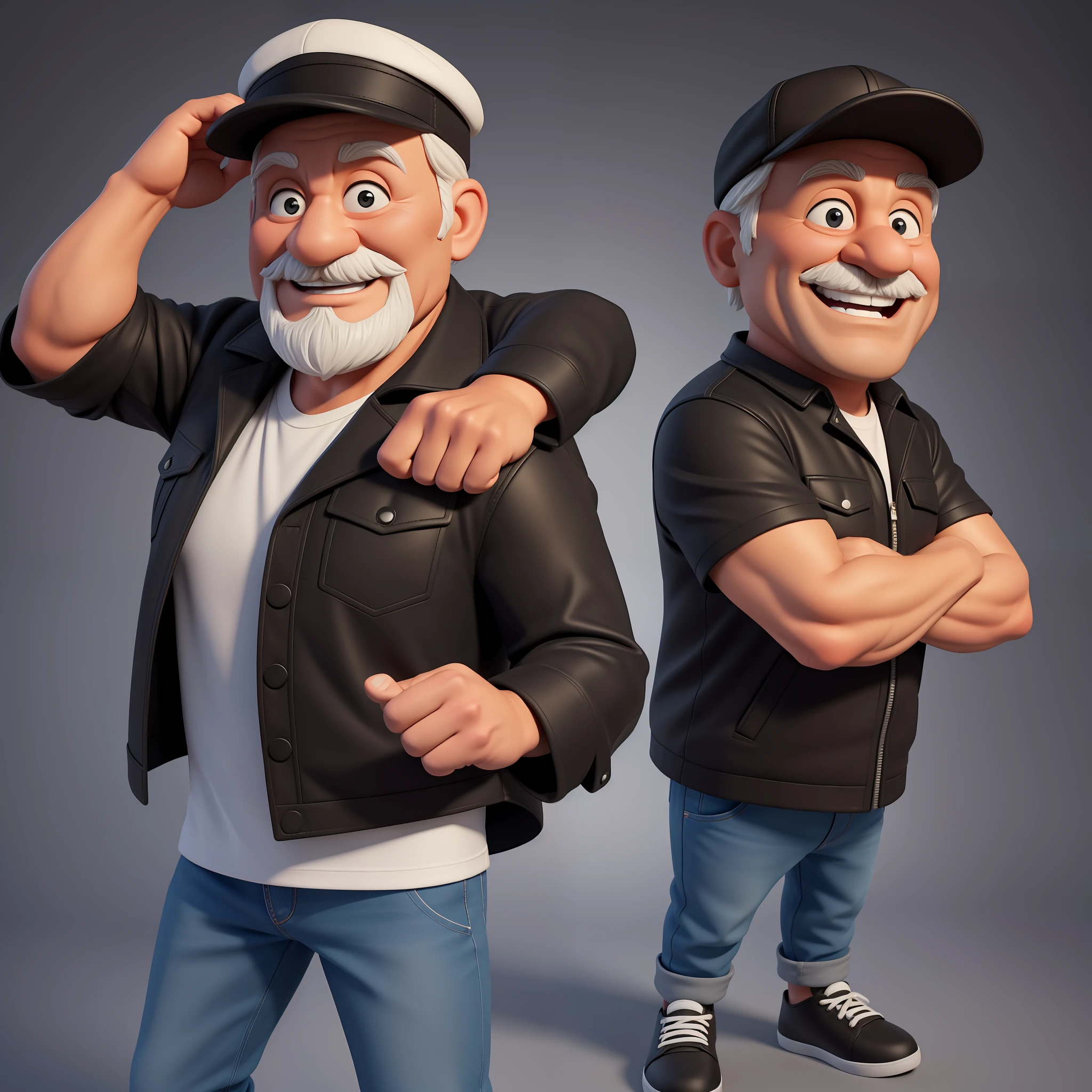 Create a 3d and 8K cartoon of a cheerful, full-body, well-muscled old man with a black jacket and a cap on his head. Make sure the resulting image has a cartoonish look, with vibrant colors and smooth edges. Add details to give the old man a happy look, such as furrowed brows and a tight mouth. Make sure that the black shirt striped with white is an important element of the image, and add details to make it attractive and interesting. Add textures and details to make the image more realistic, such as the appearance of the shirt texture and the appearance of the skin. Make sure the resulting image is high resolution, 8K quality." —c 10 —ar 2