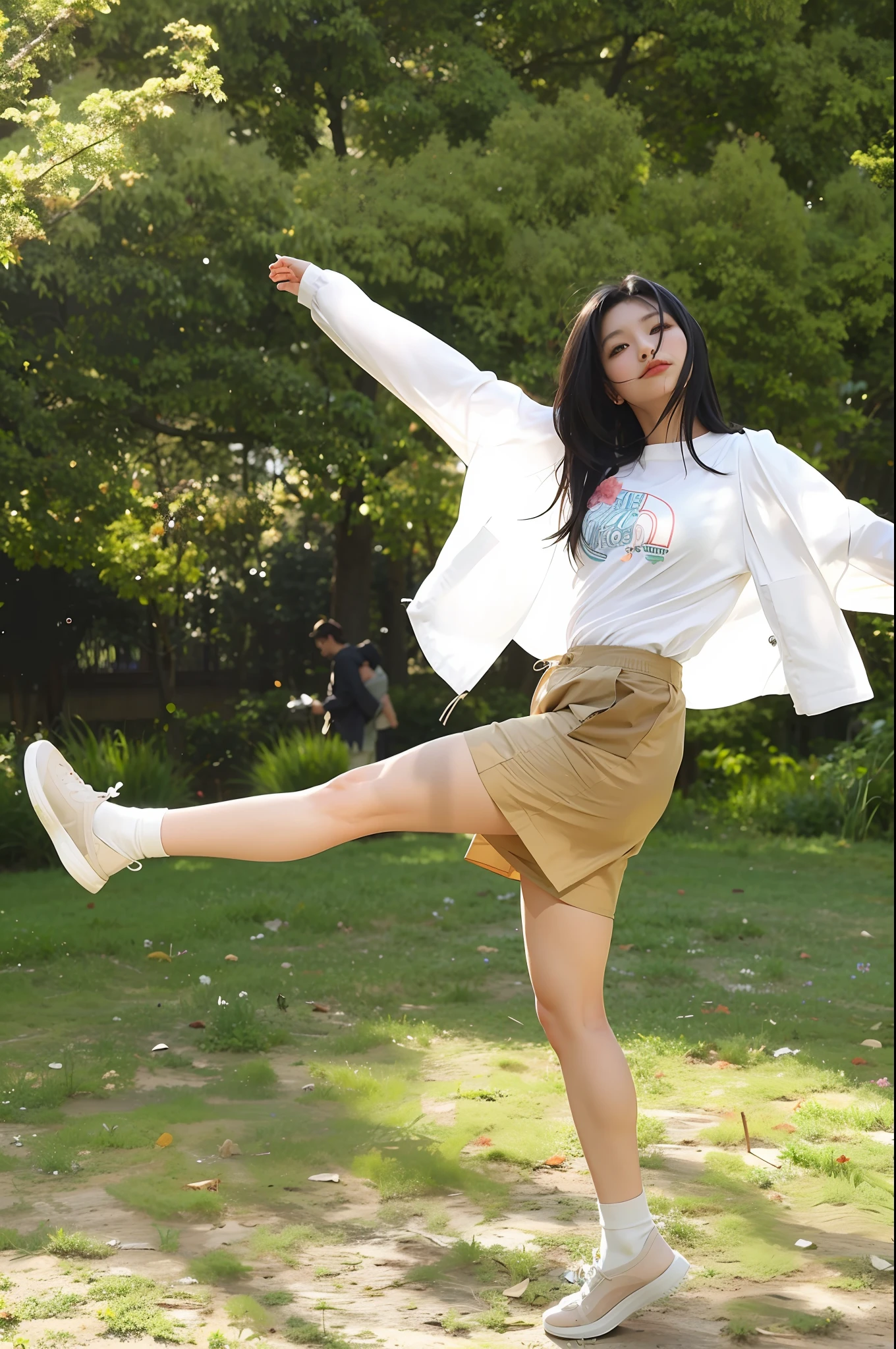 there is a woman that is standing on one leg in the grass, various poses shooting photos, cool pose, stylish pose, kawaii playful pose of a dancer, playful pose of a dancer, tsubasa nakai's style, inspired by Kim Jeong-hui, shooting pose, with a cool pose, in an action pose, satisfied pose, bae suzy, casual pose