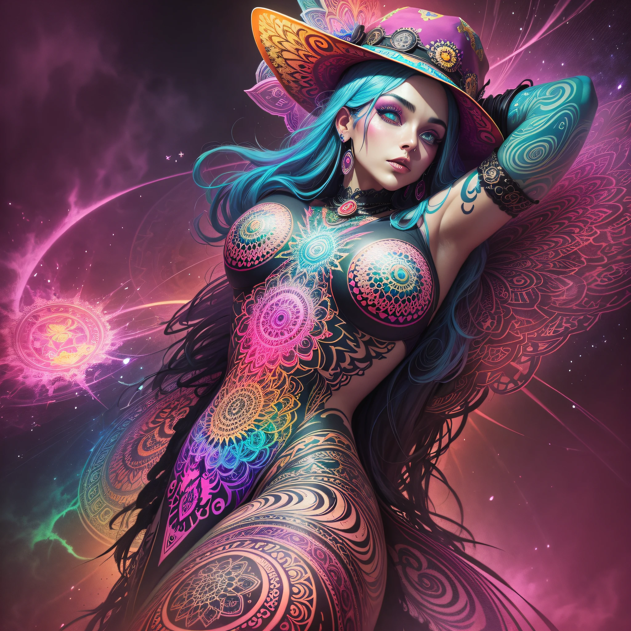 back of a woman's entire body, saturated colors, psychedelic image, LSD, mandala, fractral, fantasy, tattoo, painted body, hat, power --auto --s2