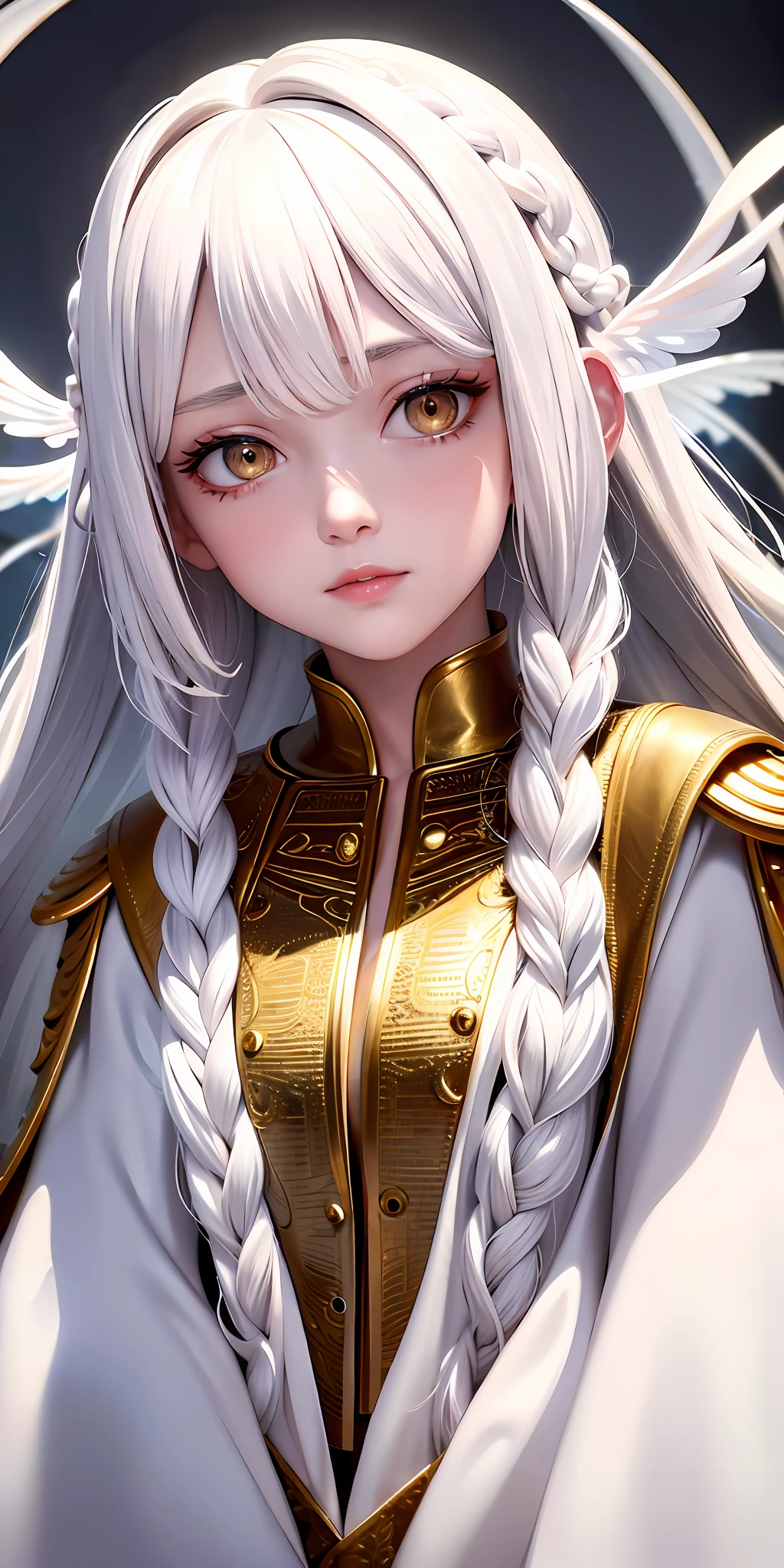 best quality, masterpiece,white hair, gold eyes,white clothes, looking up, upper body,hair strand,Fair skin,side braids