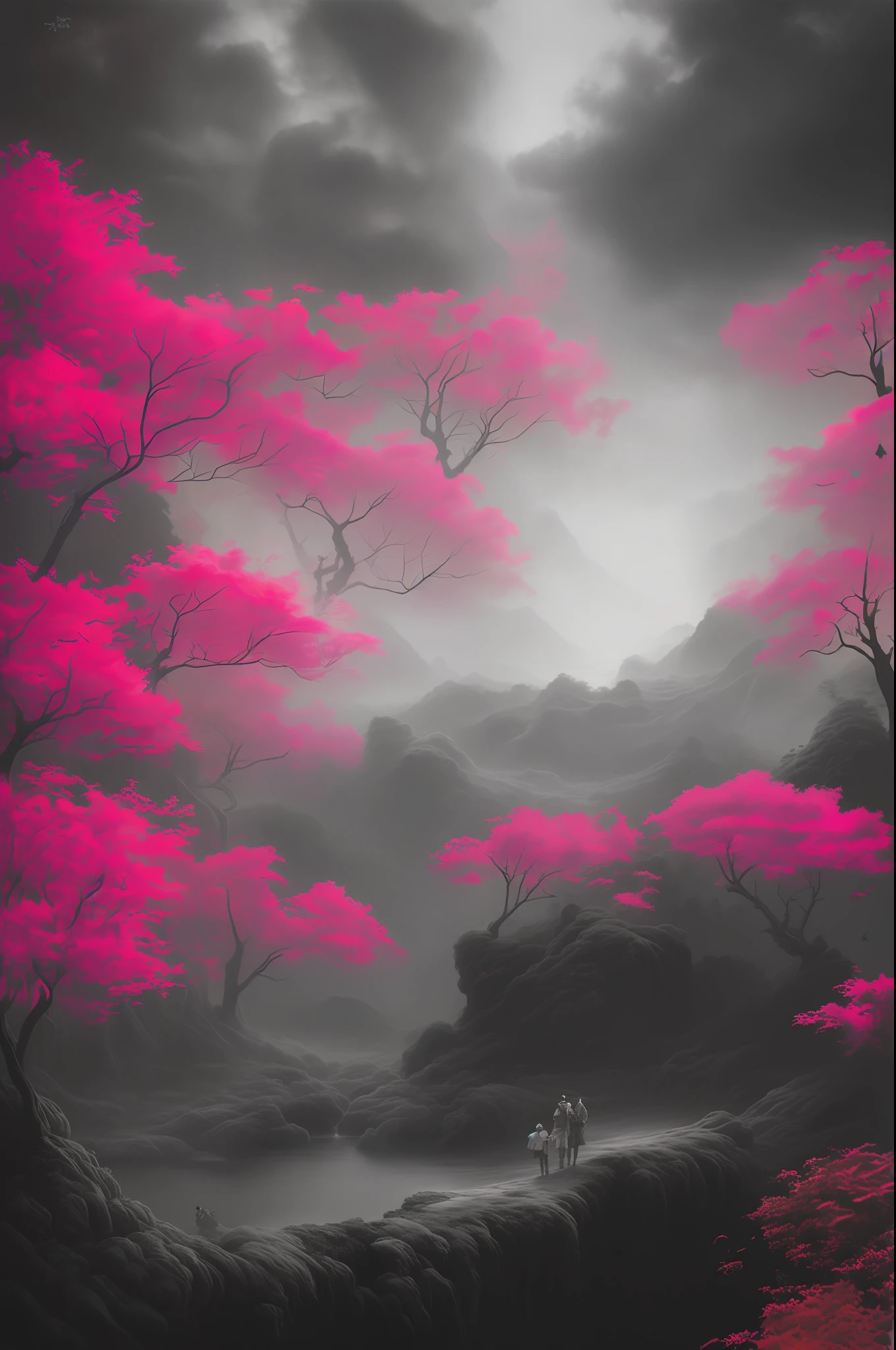 New Chinese style sunset and pink lines by Byard Wu and Marc Simonetti and George Inness, in an ominous resonant monochrome artwork style, Felicia Simion, Digital Art Technology Light Black and Magenta, Tumbling Wave Black and Orange – Q2 – S750 – V 5.