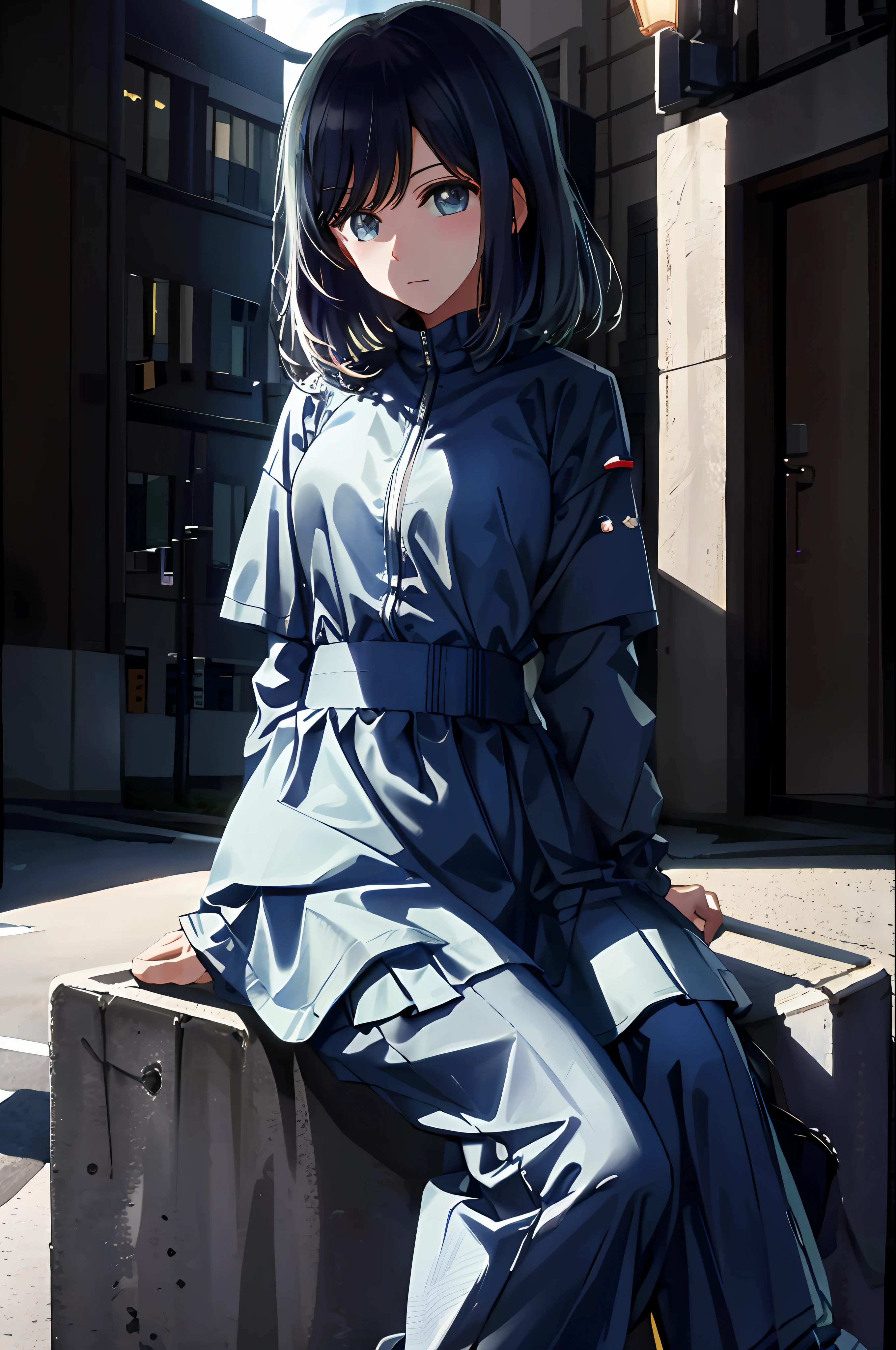 masterpiece, high quality, 8k, beautiful lighting, 1girl, solo, akane, looking at viewer, sitting, building