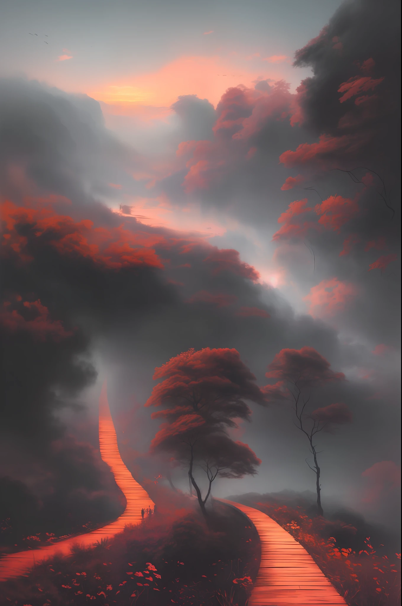 New Chinese style sunset and pink lines by Byard Wu and Marc Simonetti and George Inness, in an ominous resonant monochrome artwork style, Felicia Simion, Digital Art Technology Light Black and Magenta, Tumbling Wave Black and Orange – Q2 – S750 – V 5.