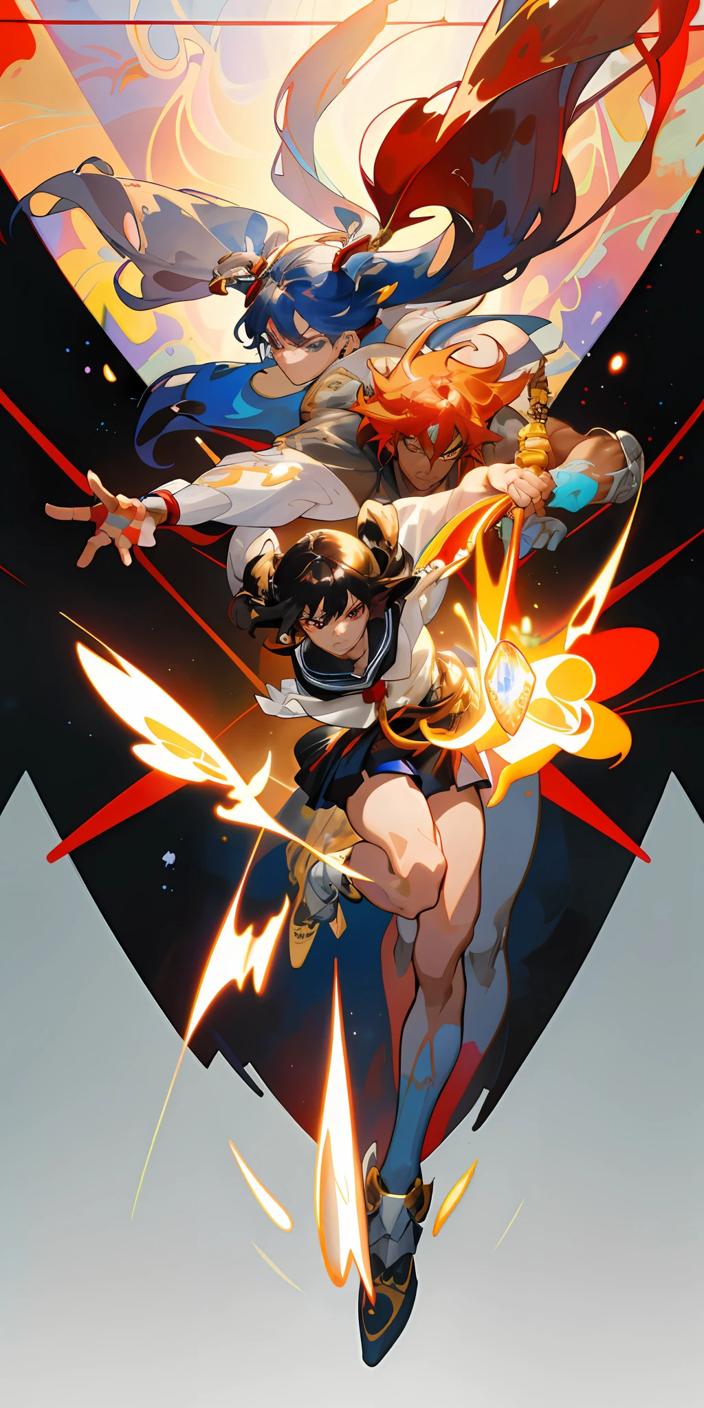 ::Kennedy and Daniel Sampere::2.0 Anime man illustration style, tatoon style, comic book style, , ultra detailed and in various full-body attack poses, (beautiful and clear background: 1.2),, fantastic paintings, graffiti style, flowers, highly detailed eyes, with a blouse underneath, with both fists in fighting position, and bracelets, fighting an enemy, with black hair, stained glass, outside, vibrant, alphonse mucha style, fantastic paintings by Joe Madureira, high quality, art, Ashley Graham Beautiful man with long red hair, freedom, soul, digital illustration, comic style, perfect anatomy, centered, approaching perfection, dynamic, highly detailed, watercolor painting, artstation, concept art, smooth, s (masterpiece, extremely_detailed_CG, 8k_wallpaper:1.2), serafuku black, dark skinned, white hair, sailor's collar, midriff, abs, _A_and_B, has blonde twintails and blue eyes, {masterpiece}, {extremely detailed}, Bgirl has short black hair and red eyes