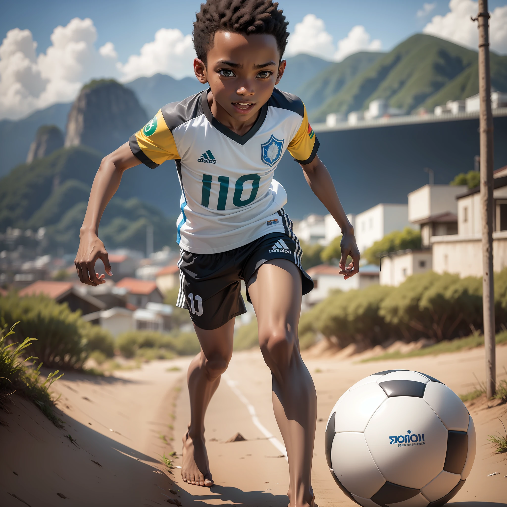 A 10-year-old boy, slender but cheerful and determined. He is black, bald, with bright black eyes. He's wearing a football team jersey with the number 10 and blue shorts. The boy is barefoot and runs across the grassless field with a soccer ball on his feet. In the background, it is possible to see a favela, which contrasts with the beautiful background of Rio de Janeiro. The goal with net can also be seen in the image, and the boy looks extremely detailed and realistic. The image is in 4k, minimalist and incredibly beautiful. Brazilian, Corcovado in the distance, Sugar Loaf in the distance