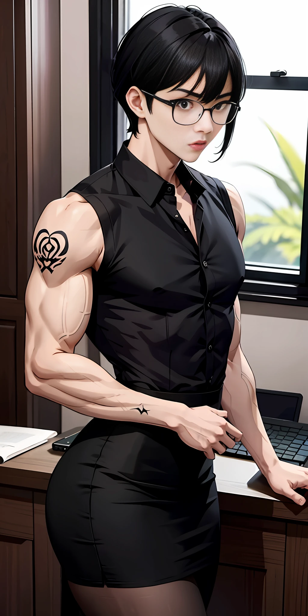 Boy, Asian, male body, adult, tattoo, lipstick, gothic, girl face, serious face, glasses, black hair (long with bangs),perfect body, fit body, thin waist, leaning on the back table looking at the screen (office), muscular, small female chest, black pencil skirt, button-down shirt, pantyhose, pretuberance, sissy, femboy, big ass, (