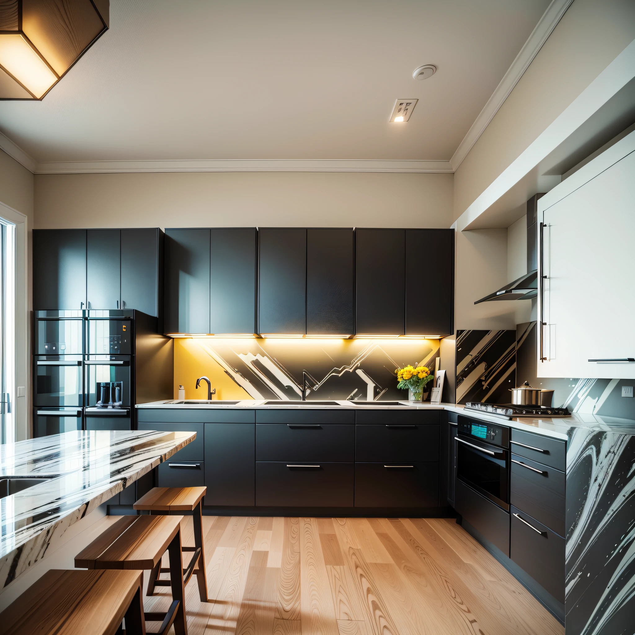 There is a kitchen with a central island and a black marble countertop, house kitchen on a cloudy day, with yellow light backdrop, angled view of modern kitchen background, soft colors with minimalism, rendered in crown, wooden cabinets, color, black, monochrome teal --auto --s2