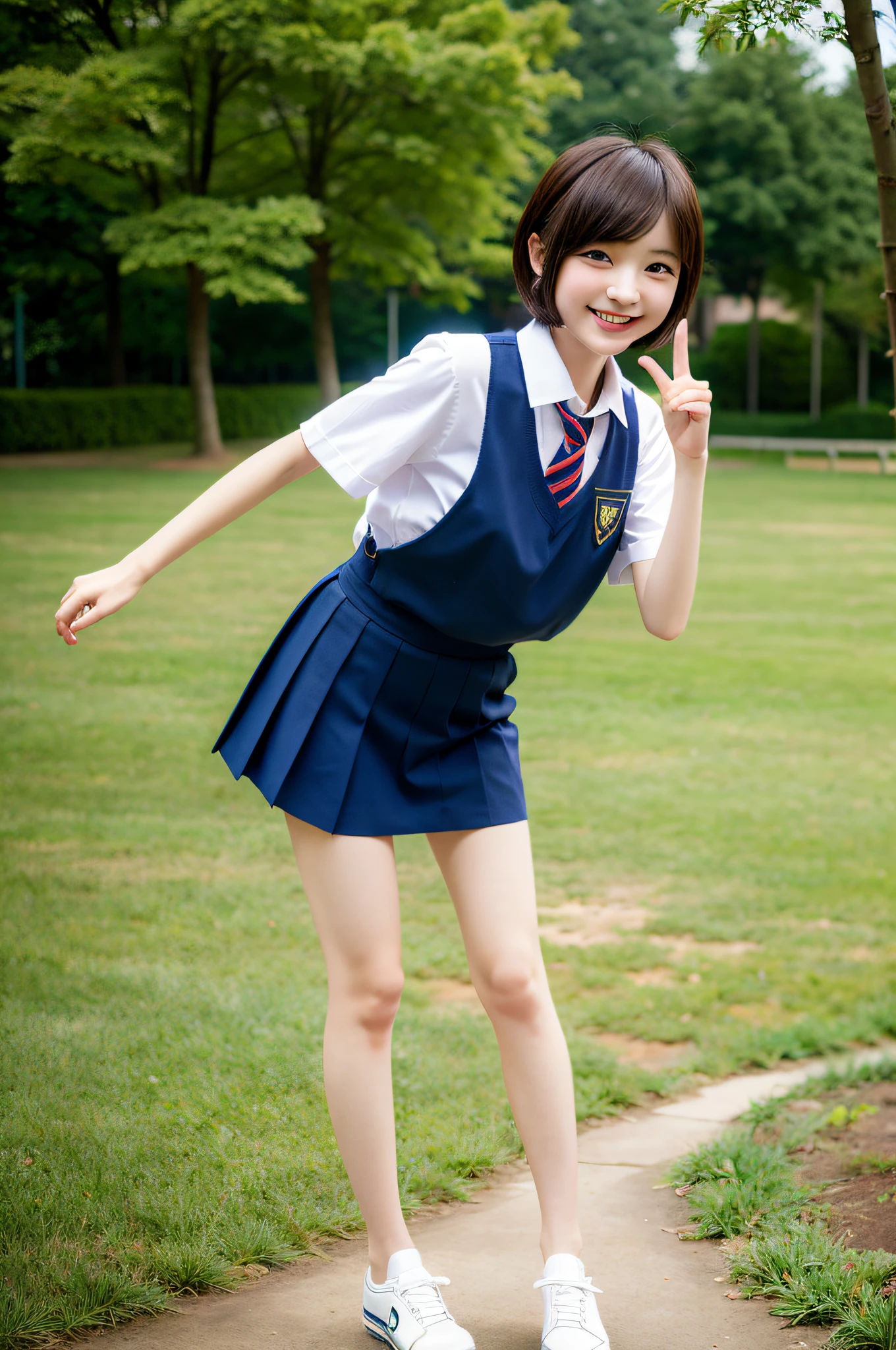 ((masterpiece, best quality)), smile, cute, slender legs, short hair, outdoors, school uniform, full body taken from front, hands {fingers} kawaii {fingers} hands,