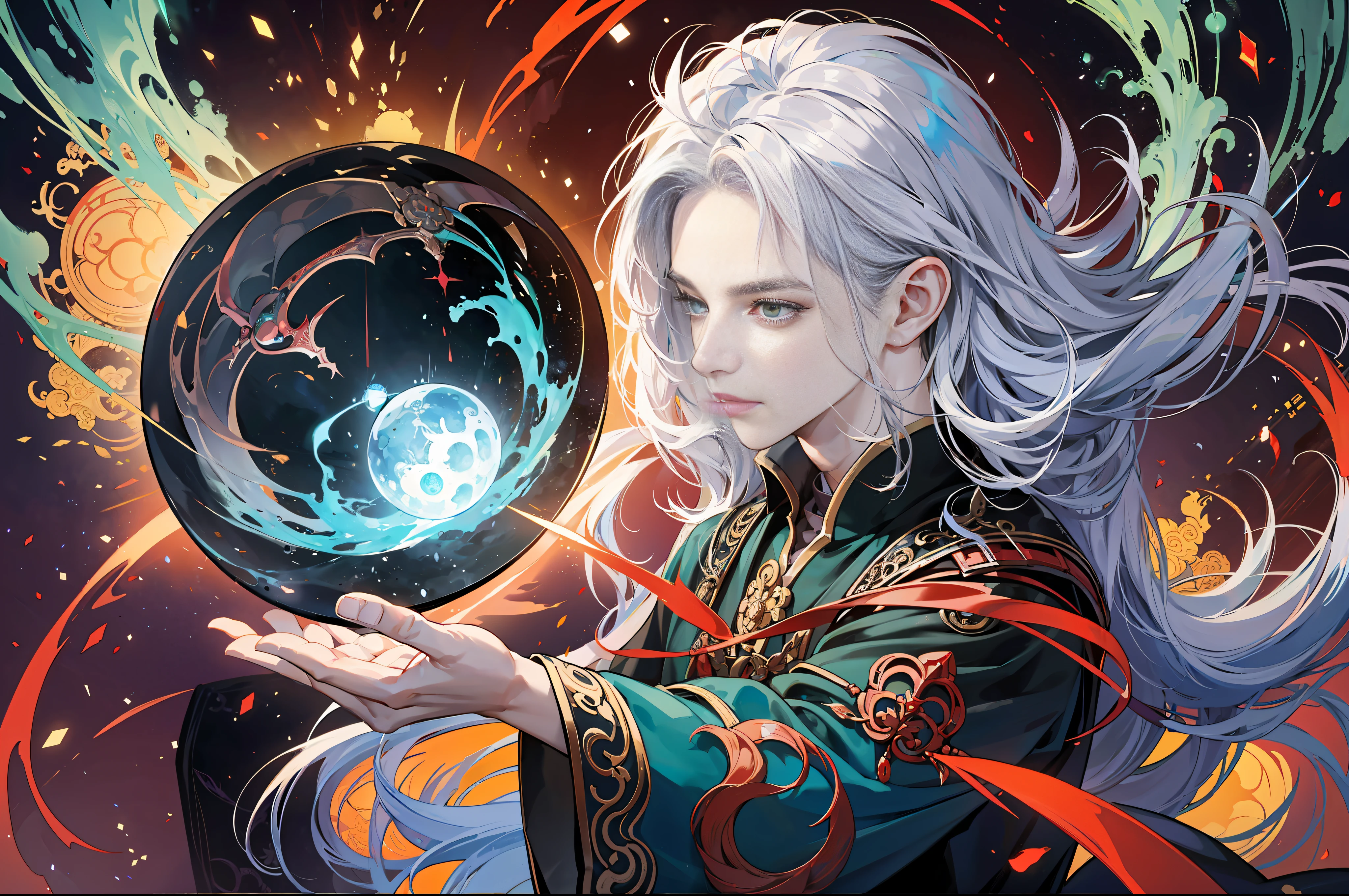 Realistic, (Masterpiece: 1.2), concept art, intricate details, highly detailed, (1 male, skinny boy: 1.2), Chinese boy, no beard, aquamarine eyes, long white hair, fairy wind Dao bone, ancient Chinese style, looking at the audience, single, half shot, detailed background, detailed face, (GlowingRunesAIV2_green, Glowing Rune Themes: 1.2) Evil Sorcerer, Chinese Taoist Robe, Chinese Ancient Style, Chinese Martial Arts Style, Insidious Smirk, Crimson Color Scheme, Crimson Radiance, Summoning Circle, Evil Magic Ball, Dark Atmosphere, Shadows, Realistic Lighting, Floating Particles, Sparks, (Surrounded by Blue Lightning), Summoning, Green Arcane Symbols, Corrupted by Elven Power, Energy-Hungry Eyes, (Glowing Eyes: 1.1), --auto --s2