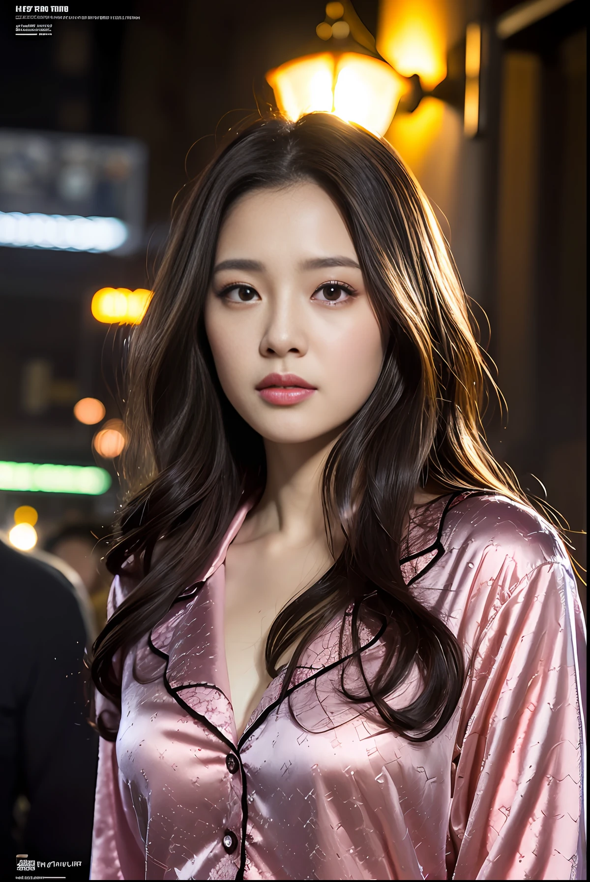 masterpiece, (front focus), surrealist female portrait, fantasy art, realism, dynamic lighting, art station, poster, volumetric lighting, highly detailed face, black and fluffy eyes, shiny pupils,4K, award-winning, 1 girl, understated,halfbody shot, (official attire: 1.4,pink pel lace pajamas), street light, dark brown hair,