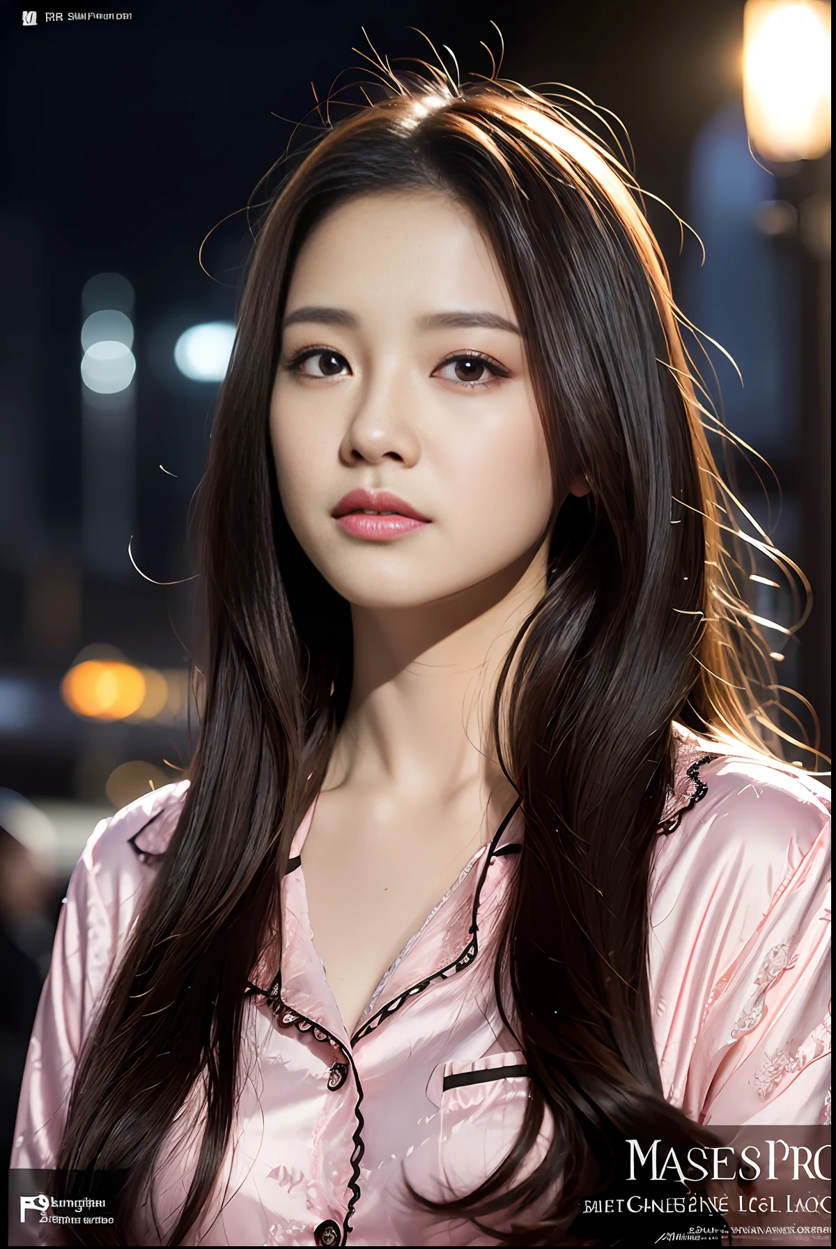 masterpiece, (front focus), surrealist female portrait, fantasy art, realism, dynamic lighting, art station, poster, volumetric lighting, highly detailed face, black and fluffy eyes, shiny pupils,4K, award-winning, 1 girl, understated,halfbody shot, (official attire: 1.4,pink pel lace pajamas), street light, dark brown hair,