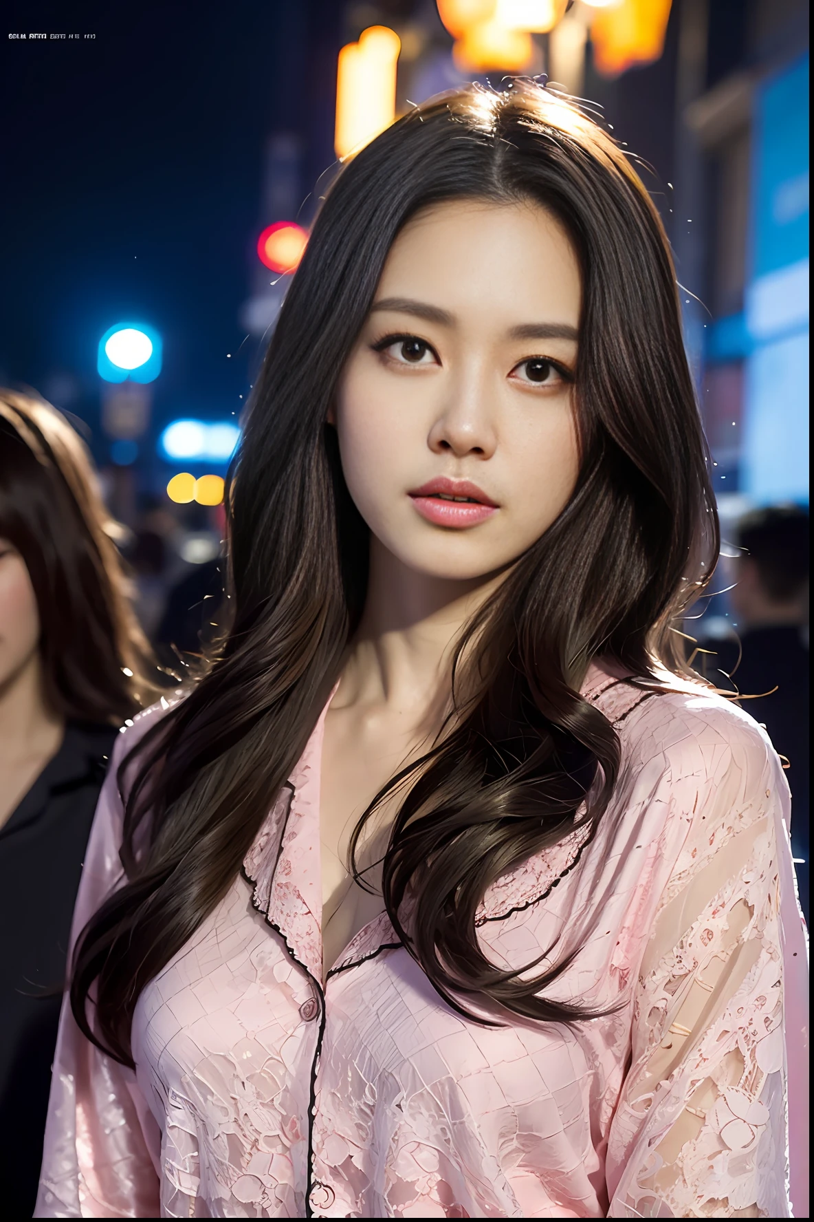 masterpiece, (front focus), surrealist female portrait, fantasy art, realism, dynamic lighting, art station, poster, volumetric lighting, highly detailed face, black and fluffy eyes, shiny pupils,4K, award-winning, 1 girl, understated,halfbody shot, (official attire: 1.4,pink pel lace pajamas), street light, dark brown hair,