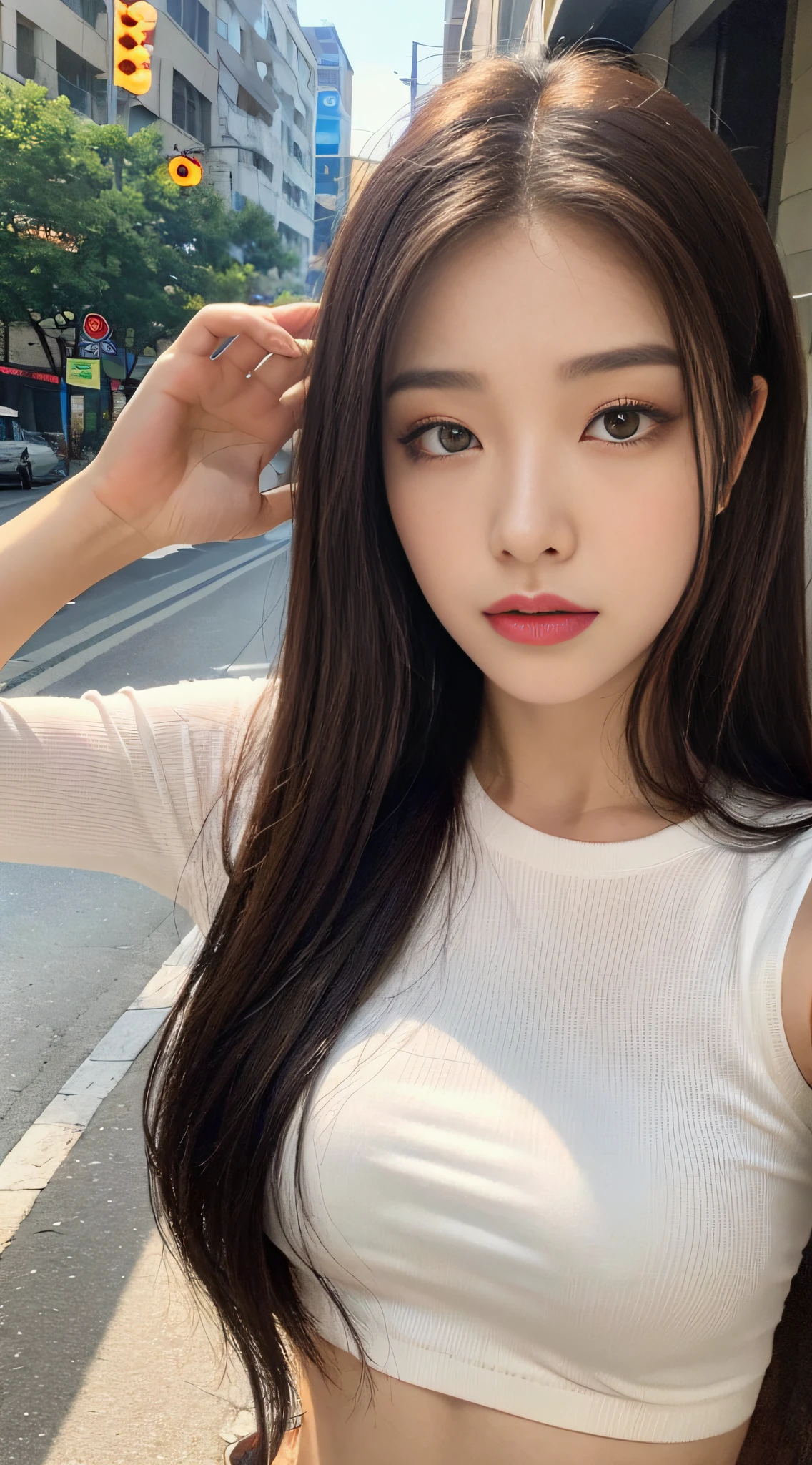 ((Realistic lighting, Best quality, 8K, Masterpiece: 1.3)), Clear focus: 1.2, 1girl, Perfect beauty: 1.4, Big breasts: 1.2, Slim abs: 1.1, ((dark brown hair)), (White crop top: 1.4), (Outdoor, night: 1.1), City streets, Super fine face, fine eyes, Double eyelids,