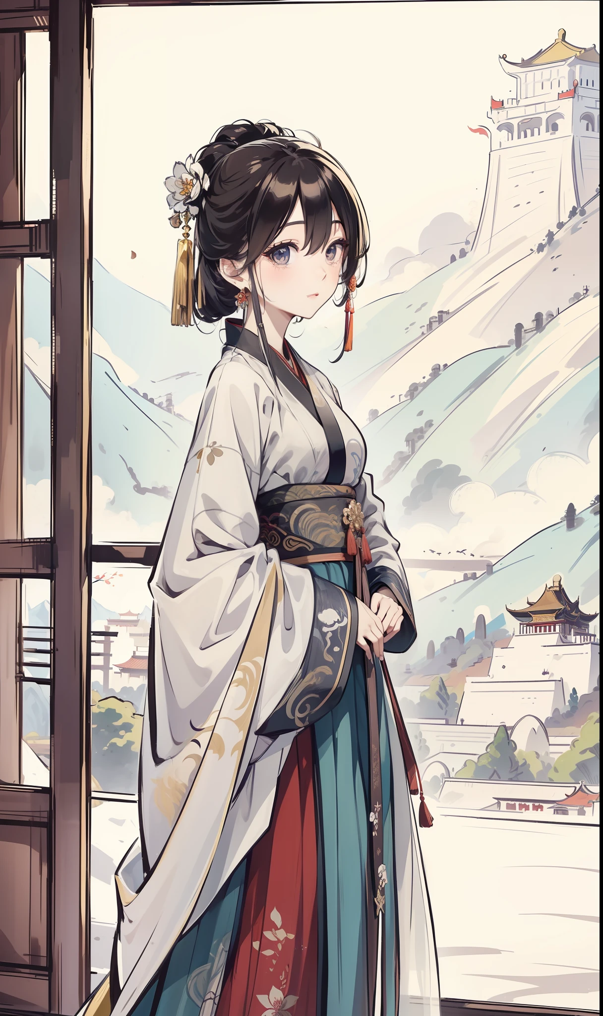 ((4K, masterpiece, best quality)), a beautiful girl, Du Liniang, shuimobysim, Chinese painting, Hanfu, maxiskit, ink style, Potala Palace in the background, medium shot,