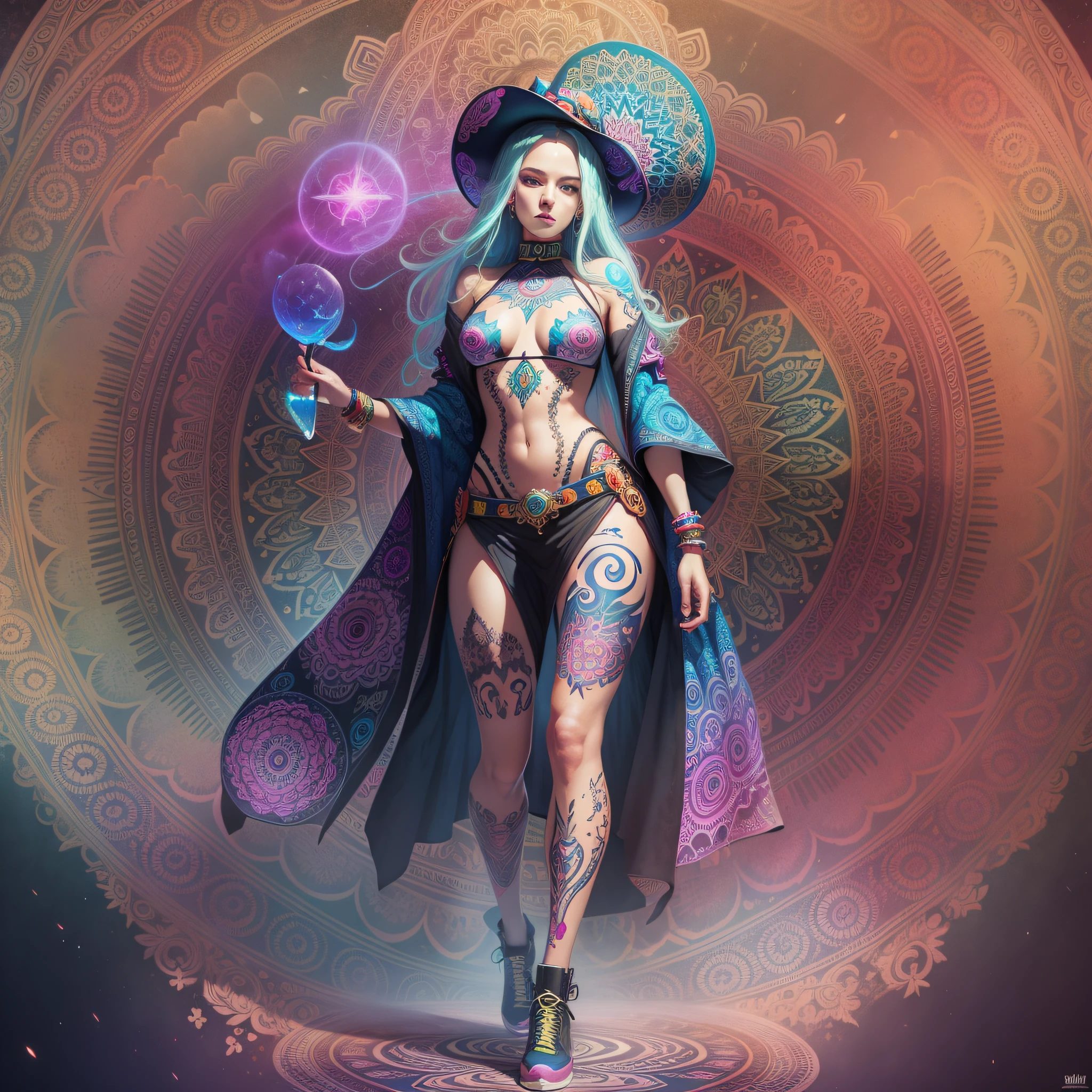 full body of a woman, saturated colors, psychedelic image, LSD, mandala, fractral, fantasy, tattoo, painted body, hat, power