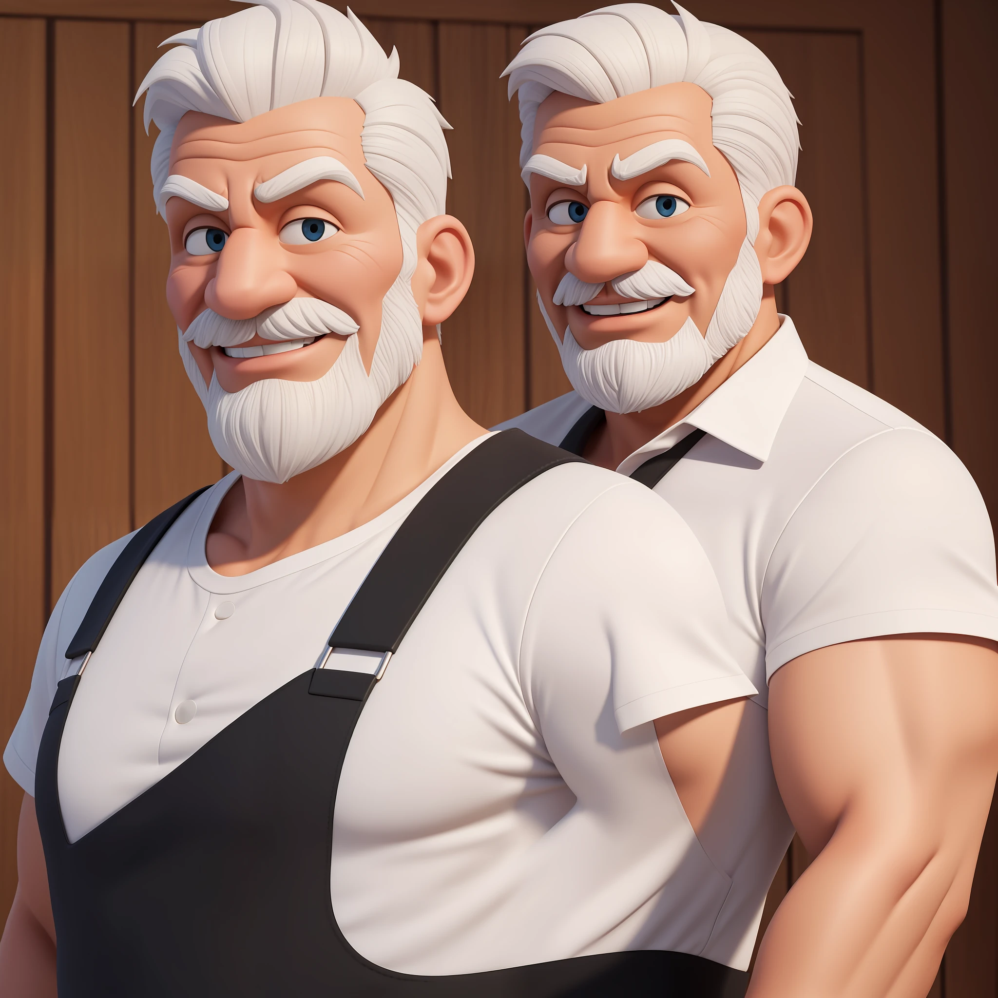 Create a 3d and 8K cartoon of a cheerful, full-body, well-muscled old man in a white shirt. Make sure the resulting image has a cartoonish look, with vibrant colors and smooth edges. Add details to give the old man a happy look, such as furrowed brows and a tight mouth. Make sure that the black shirt striped with white is an important element of the image, and add details to make it attractive and interesting. Add textures and details to make the image more realistic, such as the appearance of the shirt texture and the appearance of the skin. Make sure the resulting image is high resolution, 8K quality." —c 10 —ar 2