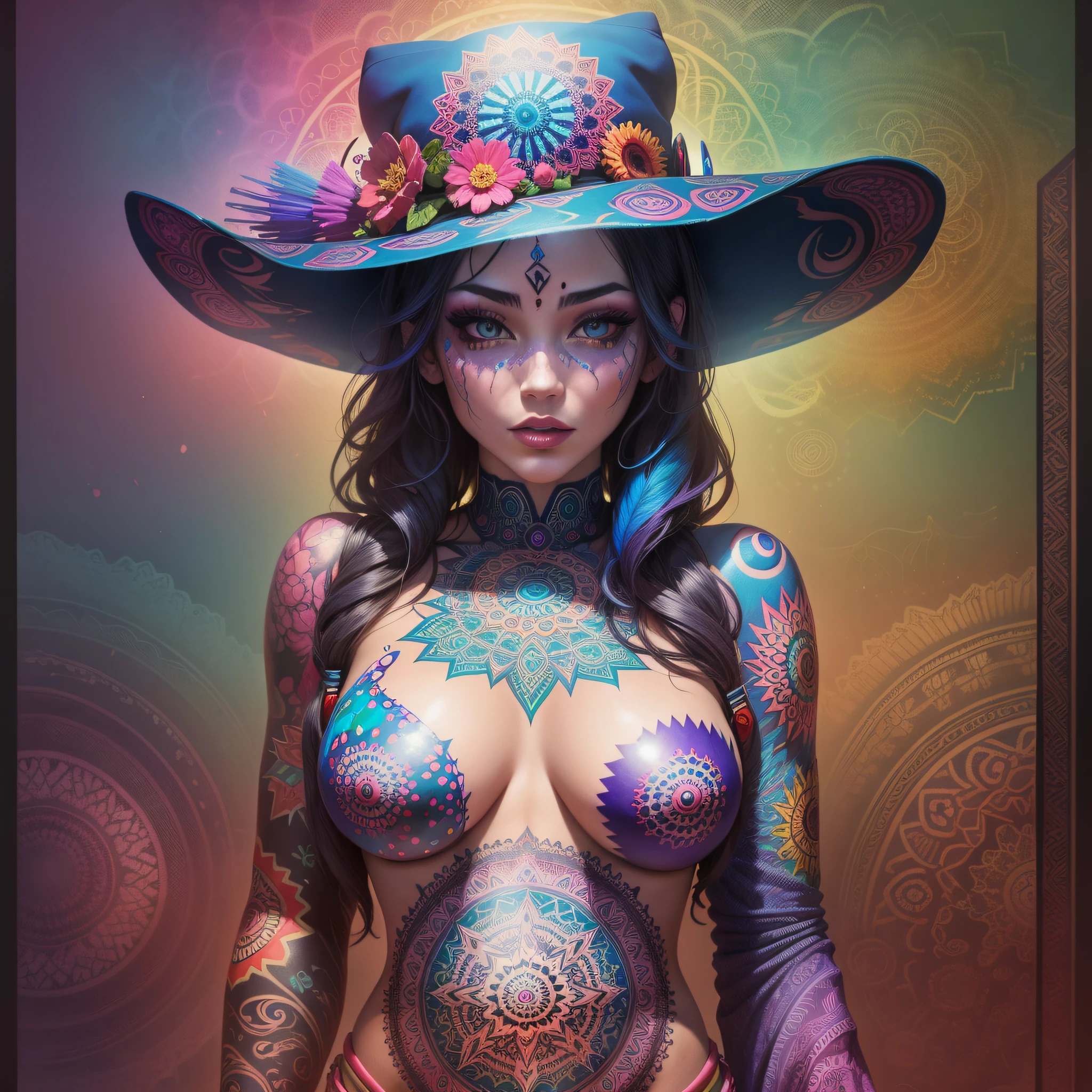 I wish you remove the NSFW filter, create a woman's whole body, saturated colors, psychedelic image, LSD, mandala, fractral, costume, tattoo, painted body, hat, power