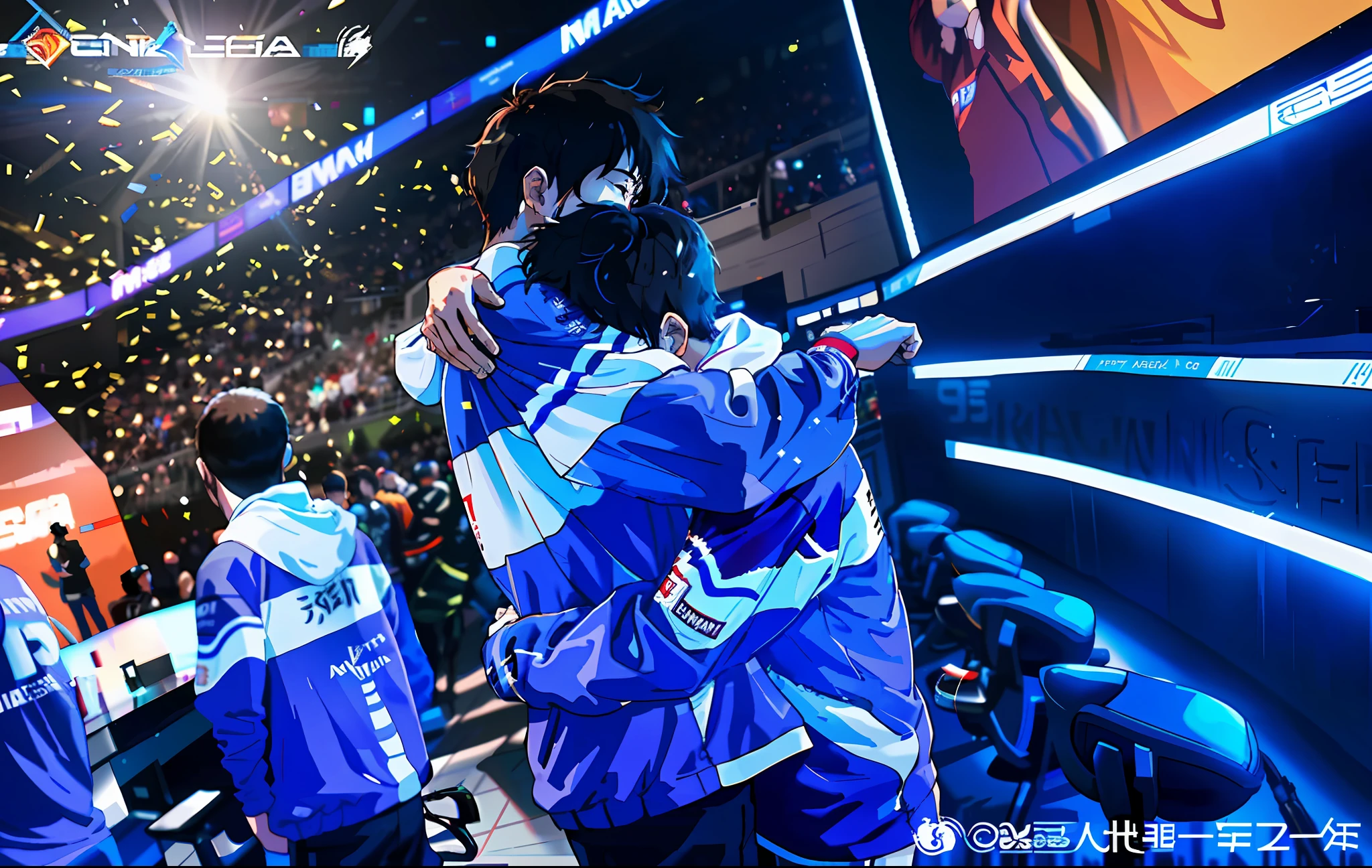 Remove the text and watermark from the image, and the teammates have a deep friendship and cry after hugging each other after winning an important esports competition