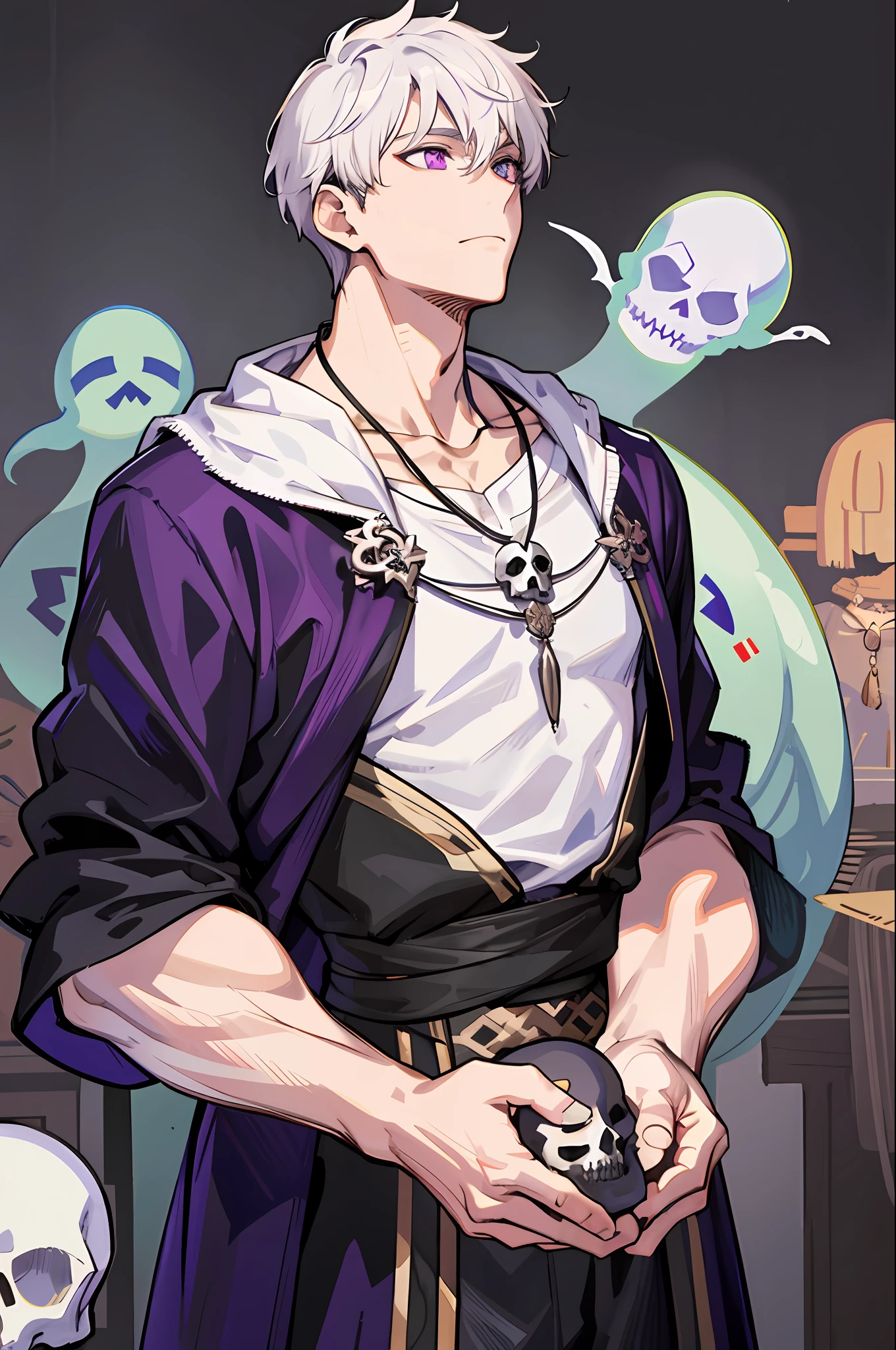 1boy, tall, strong, slightly fat, medium hair, skull necklace, dark circles, tired express, has ghosts around him, purple eyes