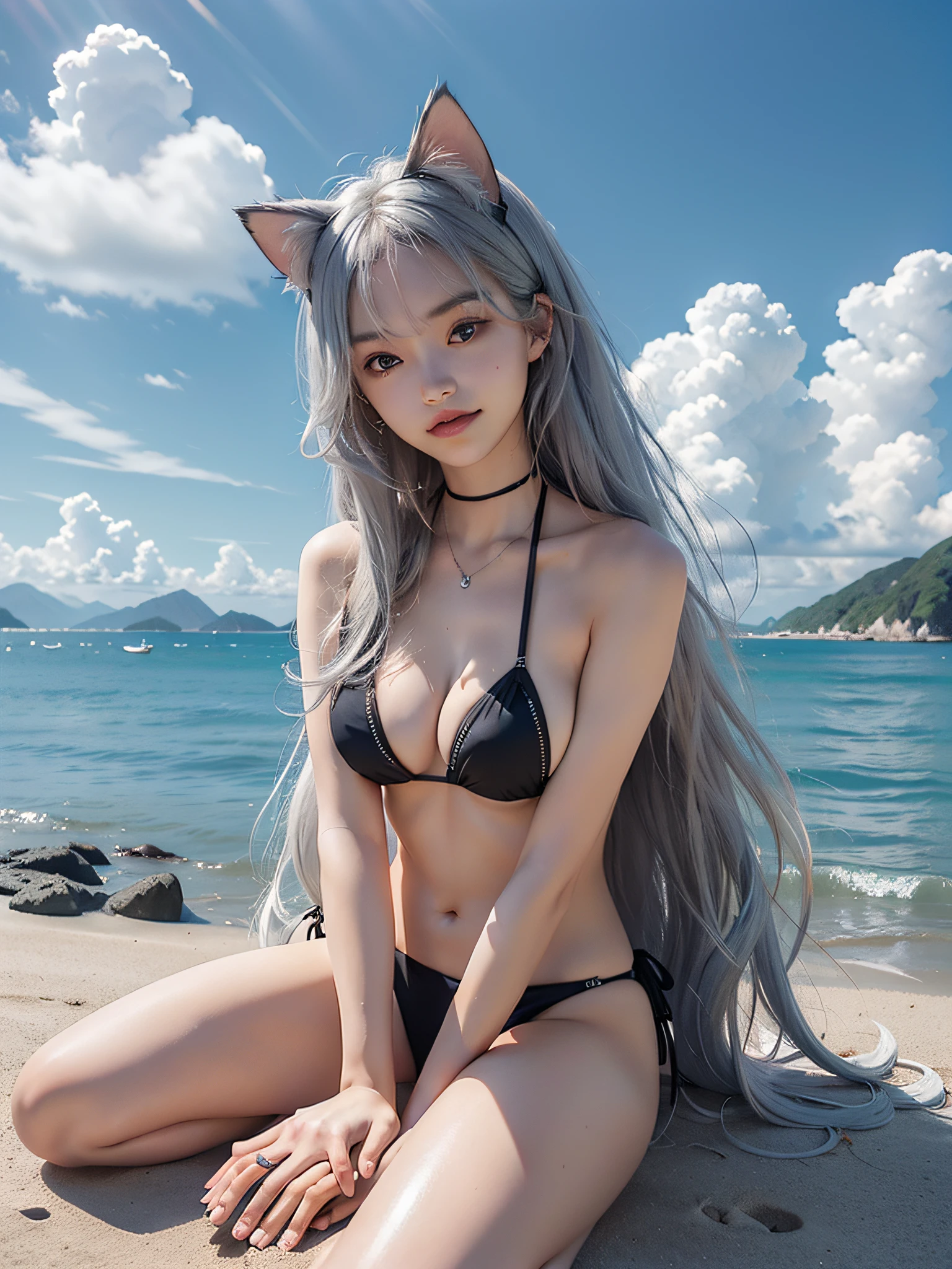 Cat eared girl, solo, big, closed mouth, long_hair, light smile, sea, silver hair, patchwork_skin, (black bikini), (wariza), (V arm: 1.3), (hands between legs: 1.4), blue sky, white clouds