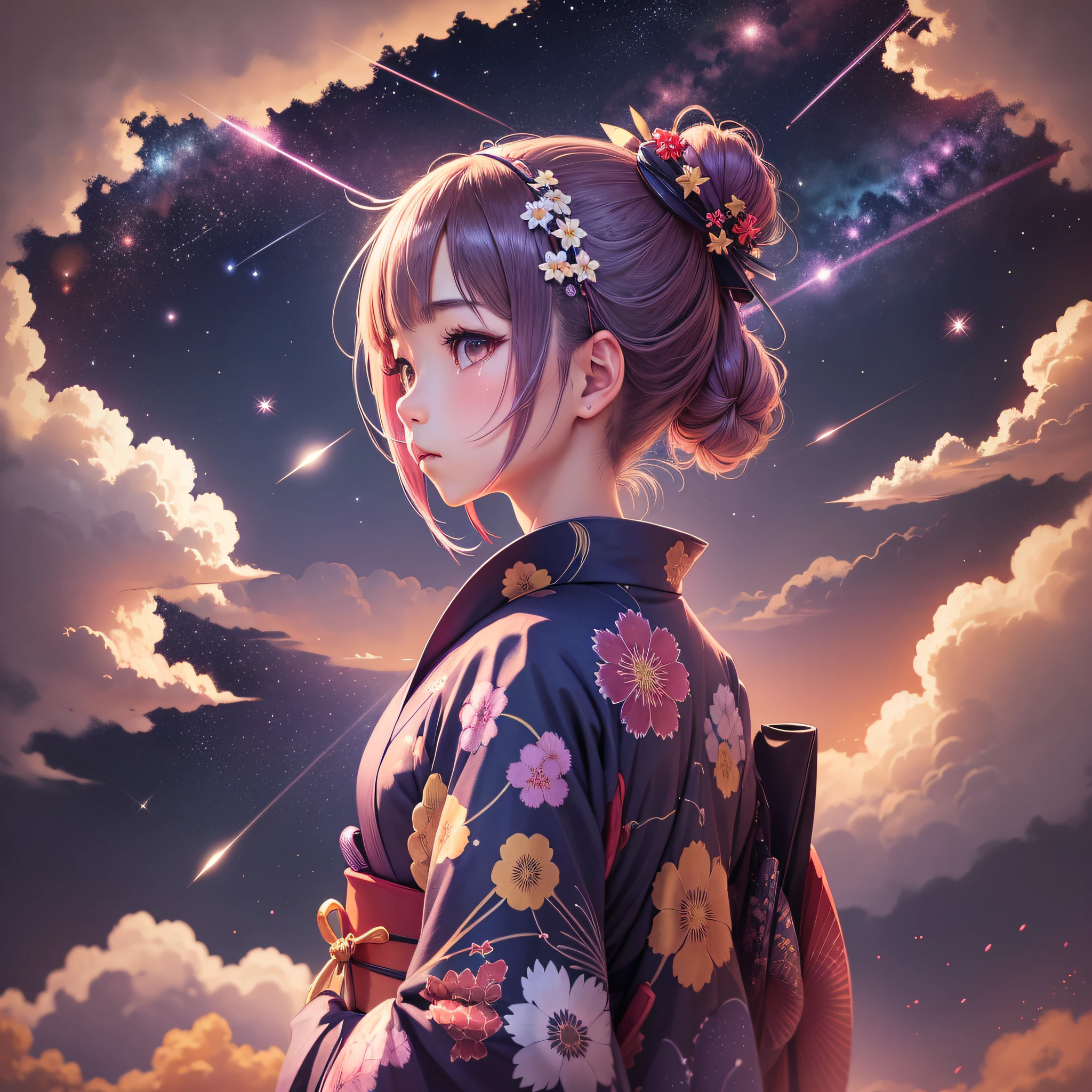 1girl, distant girl wearing a kimono staring at the stars, (zoomed out:1.1), (meteor shower:1.2), (comet:1.1), your name, low angle, from behind, aroura borealis, shooting star, yukata, red kimono, cherry blossoms, standing in a field,best quality, masterpiece, cloud,colorful, starry,stars, --auto --s2
