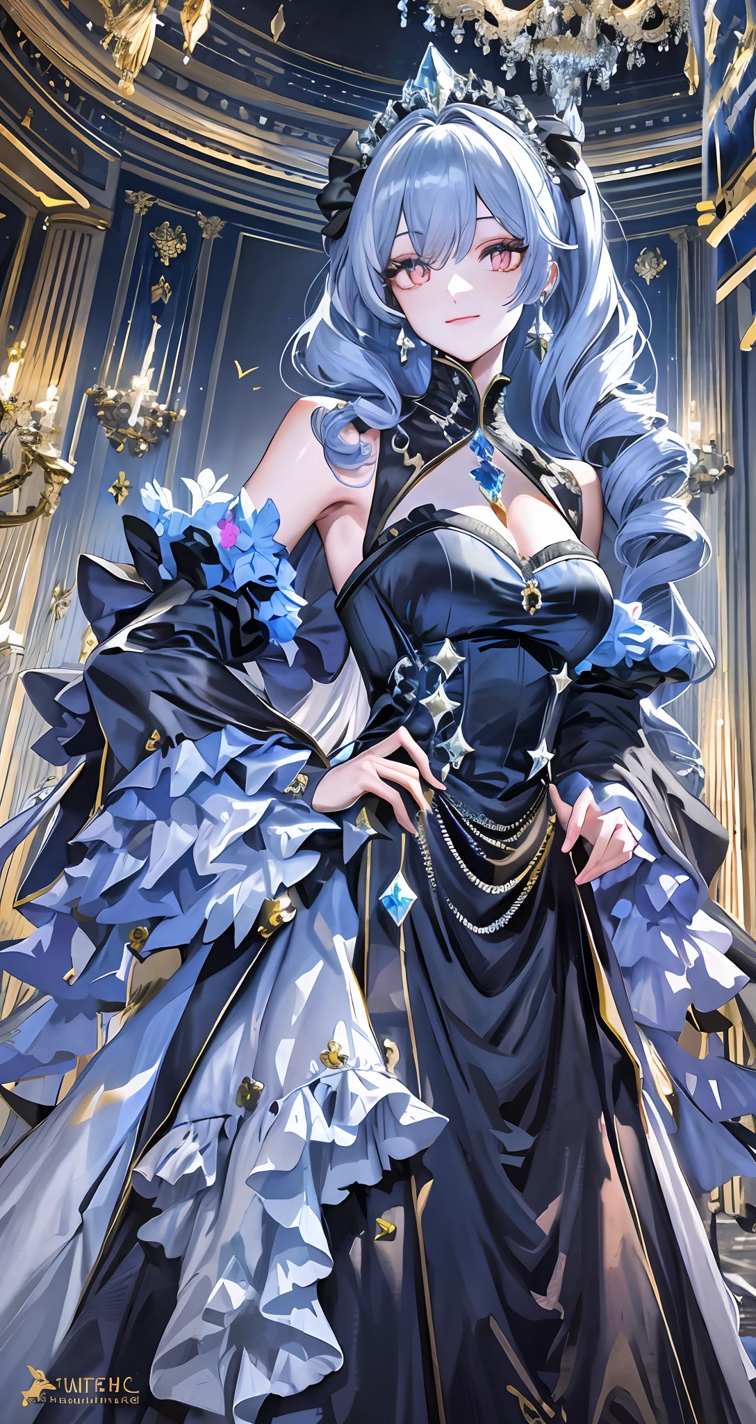 Dramatic composition, court-style dresses, royal, gorgeous, cascading frills, ruffles, bows, crystal chandeliers, Roman curly hairstyles, ponet, double ponytails like drills, look at the camera, bangs, maximalism, palatial background, delicate portrayal of hair and eyes, princess dresses, gorgeous skirts, flowers in hand, smiles, starry eyes, cinematic light, extreme detail, high definition, happy girl, very long hair, diamonds, broken diamonds, crystal fragments, light particles