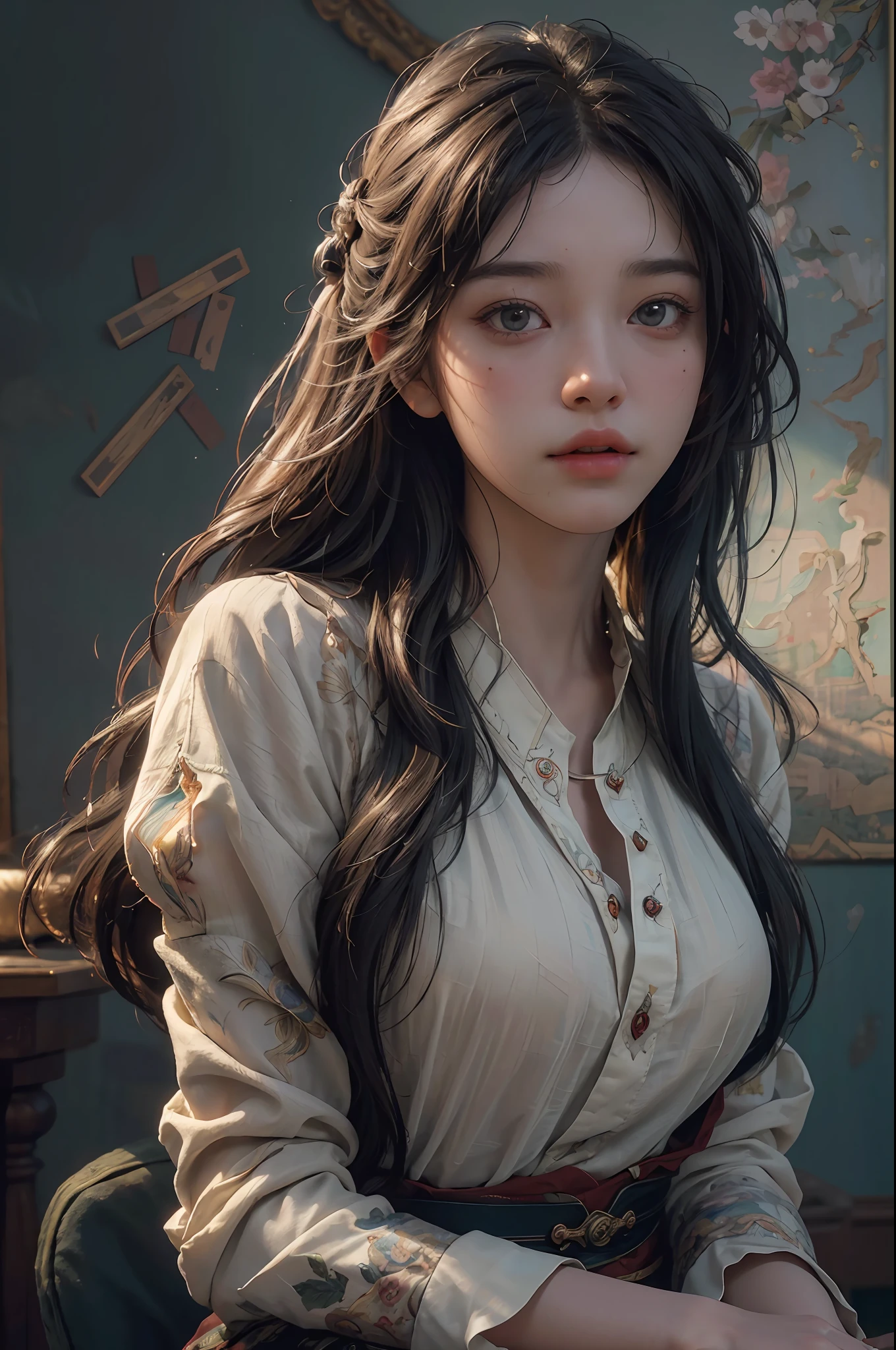 (RAW photo, best quality), (realistic, photo-realistic:1.3),best quality,highly detailed,masterpiece,ultra-detailed,illustration,1girl,upper_body,dynamic angle,world masterpiece theater,messy_long_hair,best quality,extremely detailed CG unity 8k wallpaper,ink,Amazing,cinematic lighting,lens_flare, dunhuang_style