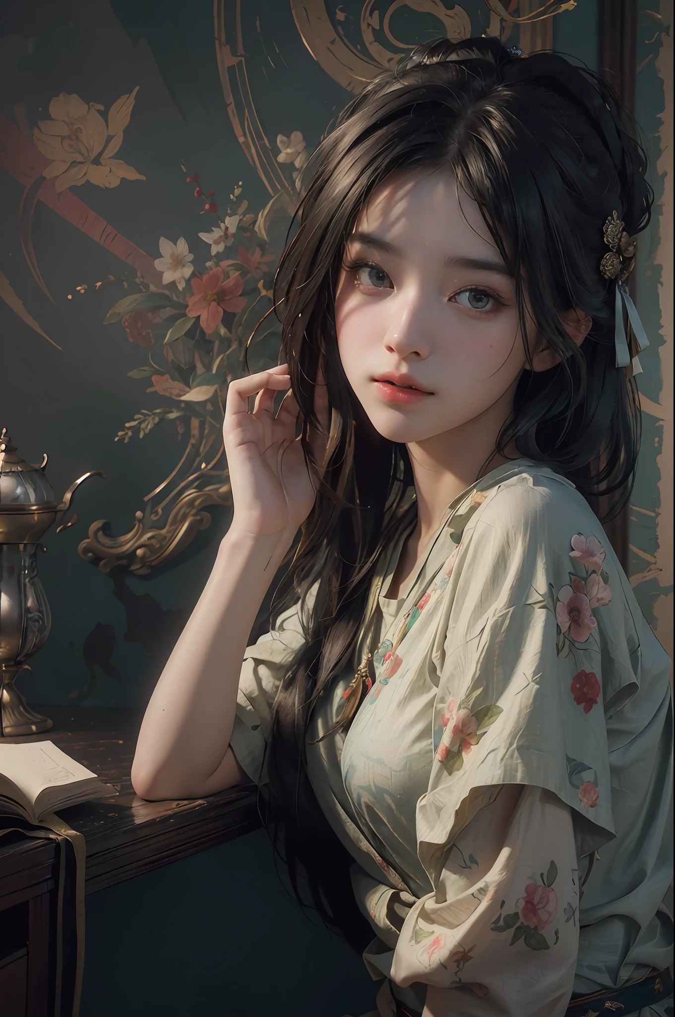 (RAW photo, best quality), (realistic, photo-realistic:1.3),best quality,highly detailed,masterpiece,ultra-detailed,illustration,1girl,upper_body,dynamic angle,world masterpiece theater,messy_long_hair,best quality,extremely detailed CG unity 8k wallpaper,ink,Amazing,cinematic lighting,lens_flare, dunhuang_style