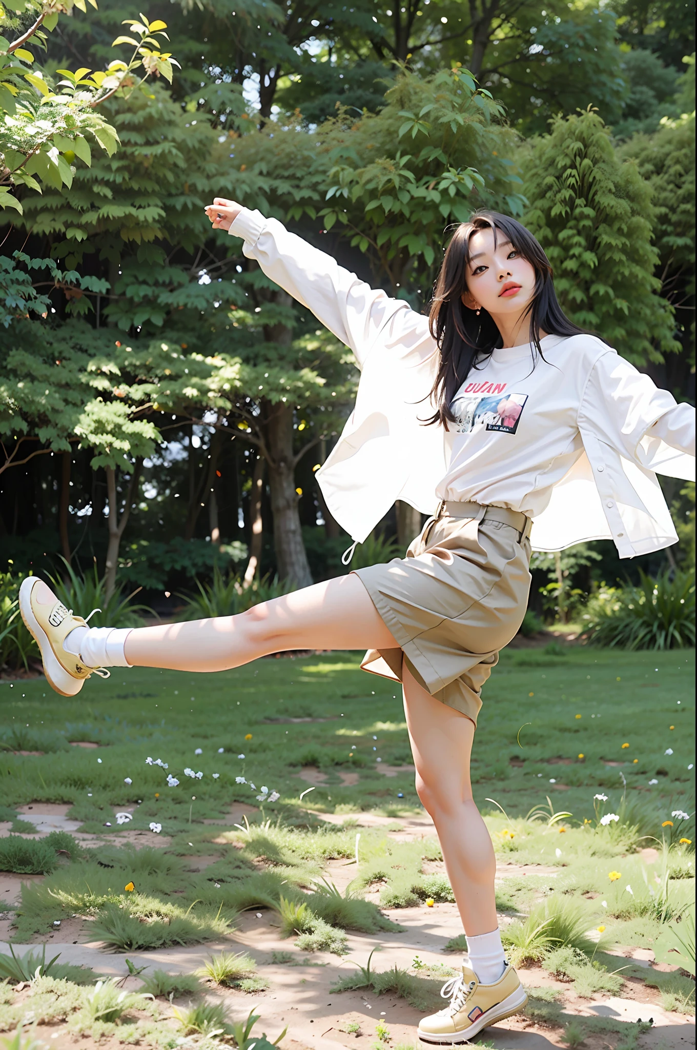 there is a woman that is standing on one leg in the grass, various poses shooting photos, cool pose, stylish pose, kawaii playful pose of a dancer, playful pose of a dancer, tsubasa nakai's style, inspired by Kim Jeong-hui, shooting pose, with a cool pose, in an action pose, satisfied pose, bae suzy, casual pose