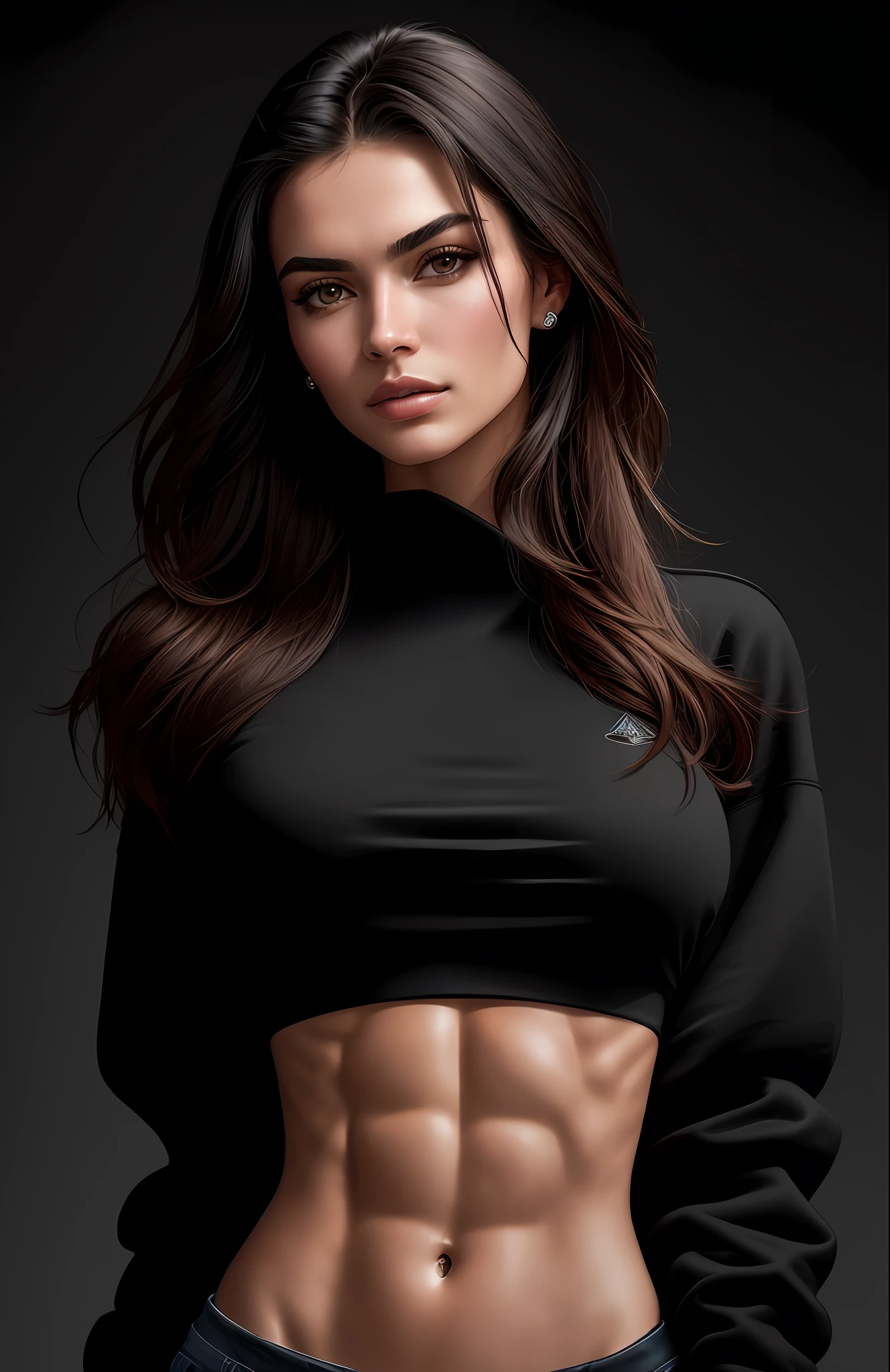 high angle photo of a gorgeous young woman in the style of stefan kostic,abs,  realistic skin texture, looks up,black sweatshirt, 1 / 2 body crop, 8 5 mm art lens, f 1. 2, sharp focus, 8 k high definition, insanely detailed, intricate, elegant, art by stanley lau and artgerm