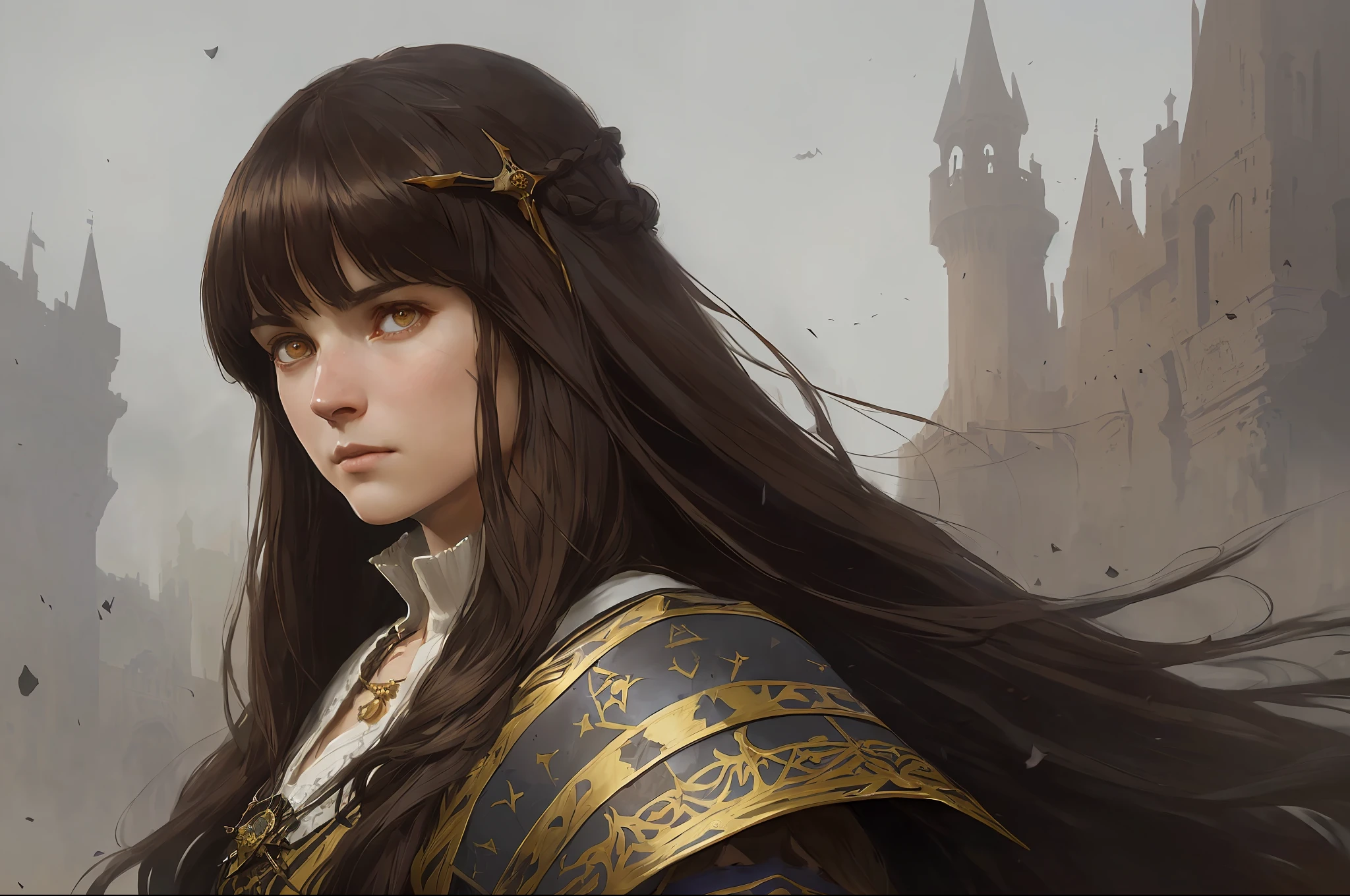 (full portrait of a medieval castilian woman with long brown hair and a beautiful bangs), (determined feature), (((good detailed eyes)) ultra detailed face, rpg concept art, greg rutkowski art, ruan jia art, Ilya kuvshinov art, darker environment, character sheet, ultra detailed, Ultra Quality