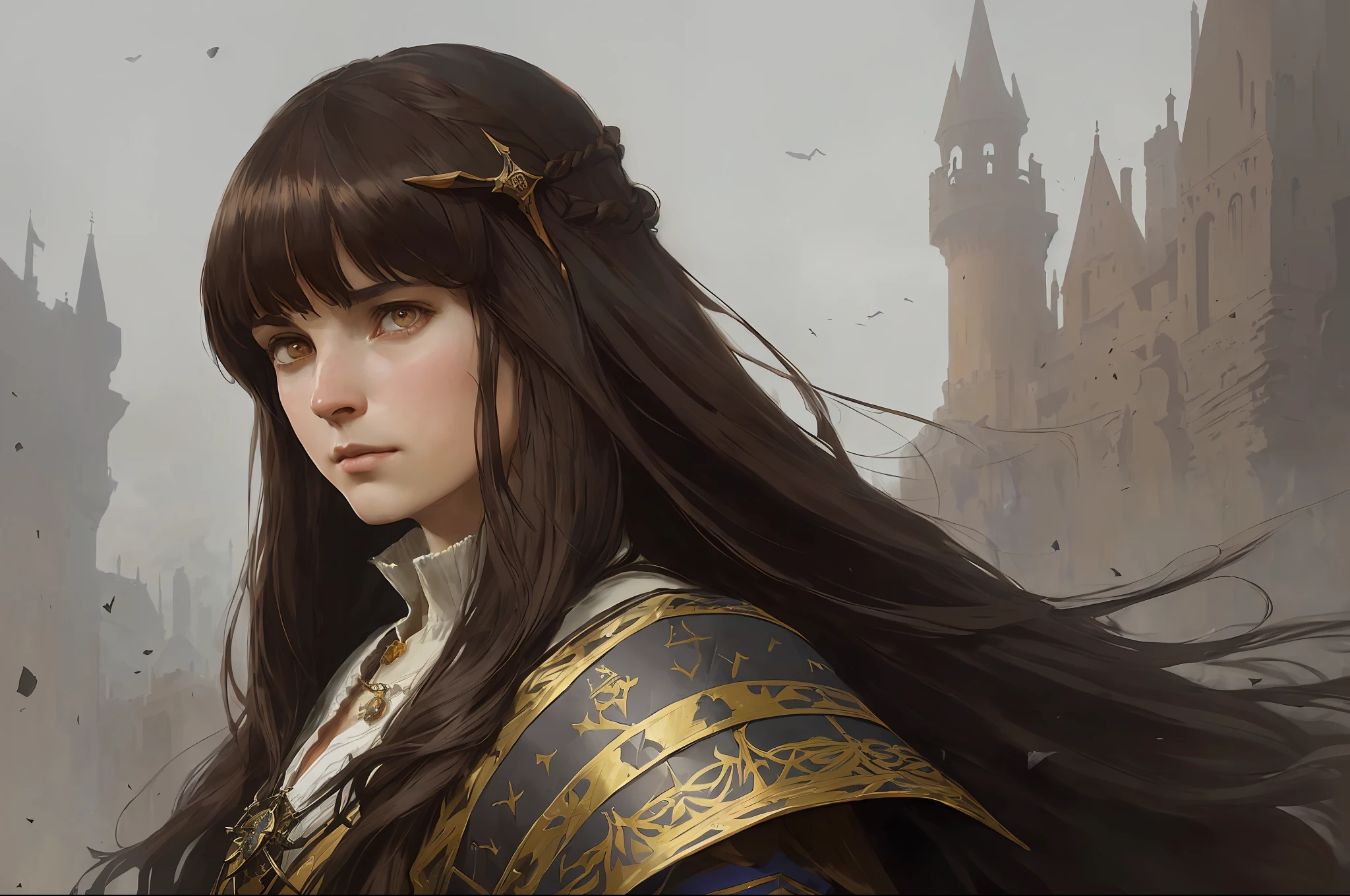 (full portrait of a medieval castilian woman with long brown hair and a beautiful bangs), (determined feature), (((good detailed eyes)) ultra detailed face, rpg concept art, greg rutkowski art, ruan jia art, Ilya kuvshinov art, darker environment, character sheet, ultra detailed, Ultra Quality