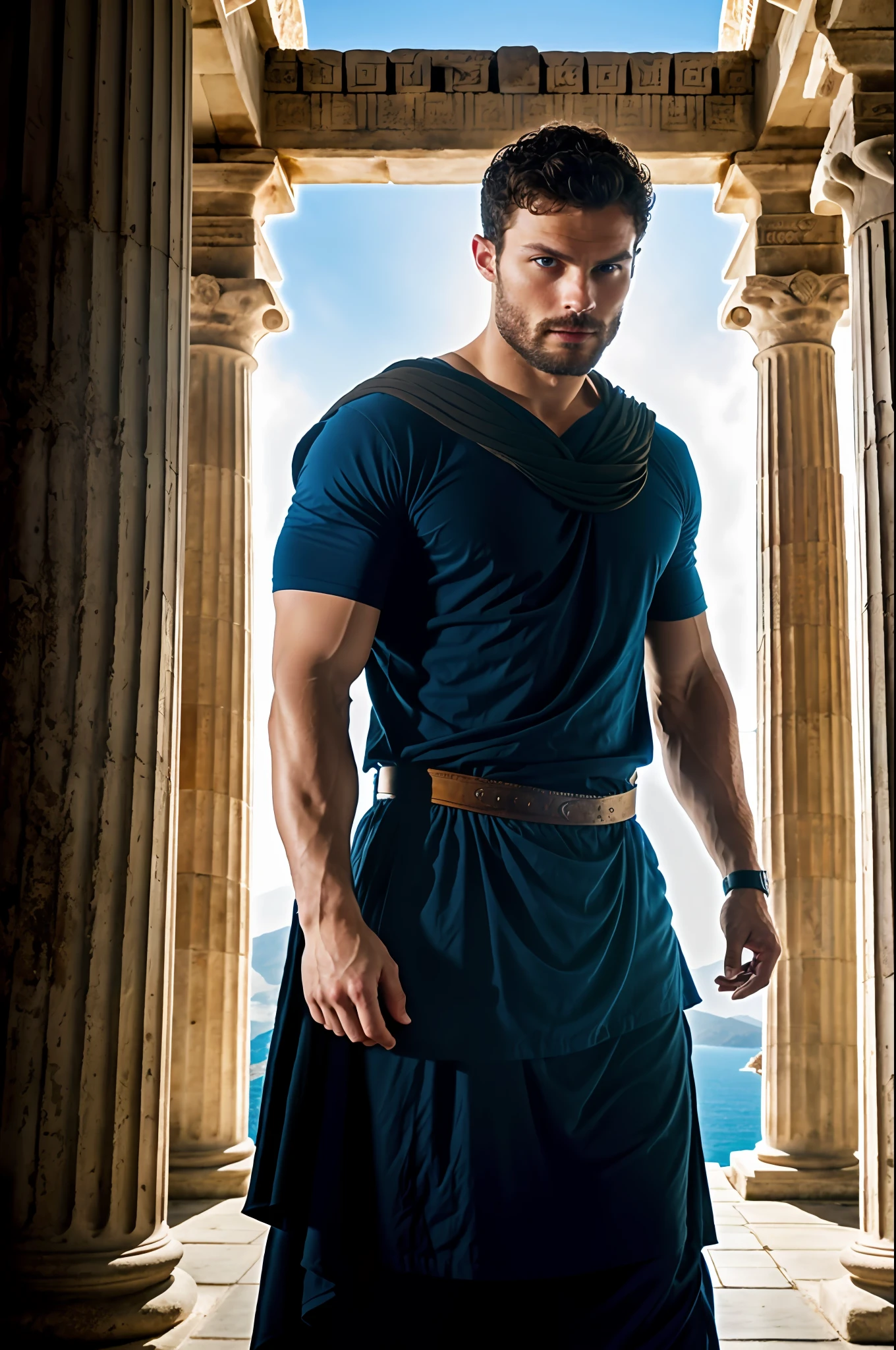 create God Zeus), with blue thunder eyes, wearing a God's tunic, strong and muscular, Jamie Dornan, (Moreno with model face), wearing dark beard, dark short hair, man similar to actor jamie dornan, (high quality and realistic image), Greek temple background, cinematic style, ((Best quality, 8k, Masterpiece).