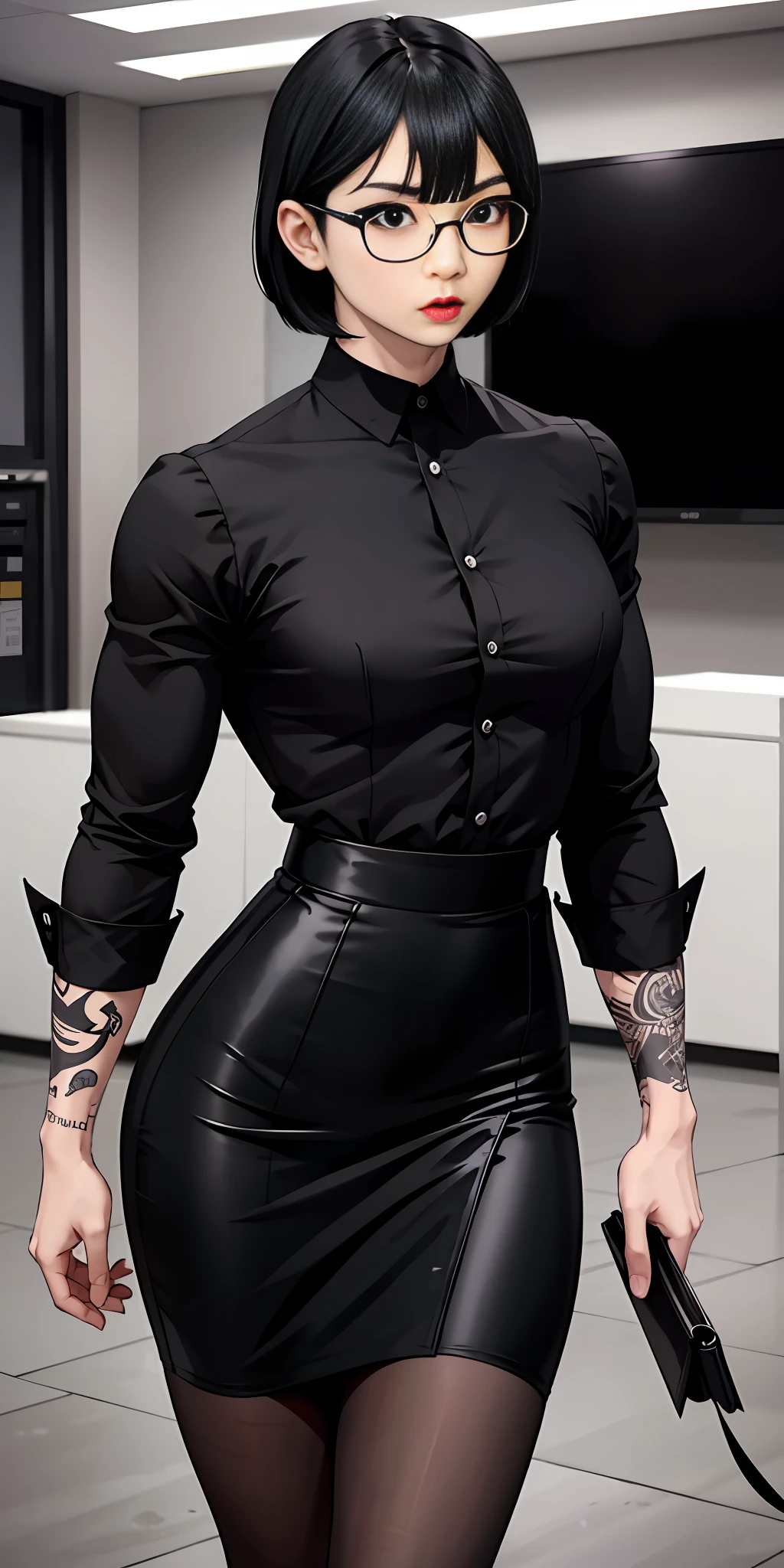 Boy, Asian, male body, adult, tattoo, lipstick, gothic, girl face, serious face, glasses, black hair (long with bangs),perfect body, fit body, thin waist, back supported looking at the screen (office), muscular, small female chest, black pencil skirt, button shirt, pantyhose, pretuberance, ?????, femboy, big ass,