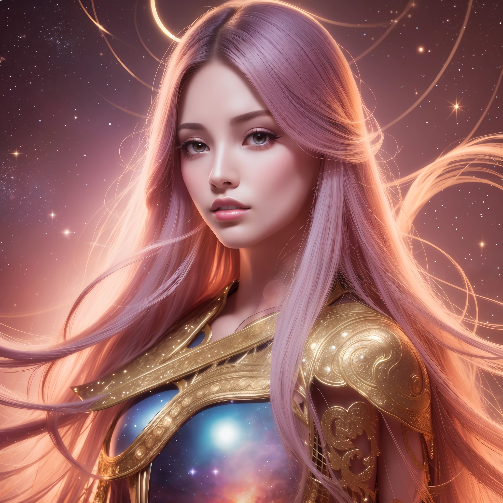 Fantasy space background for a photograph of a pleiadian with natural skin, long and voluminous hair, sharp eyes, a thin and upturned nose, shapely lips, an hourglass body shape, typical clothes and makeup, intricately maximalist-detailed, vibrant, epic, smooth, cinematic, 4K, backlit, and a shallow depth of field.
