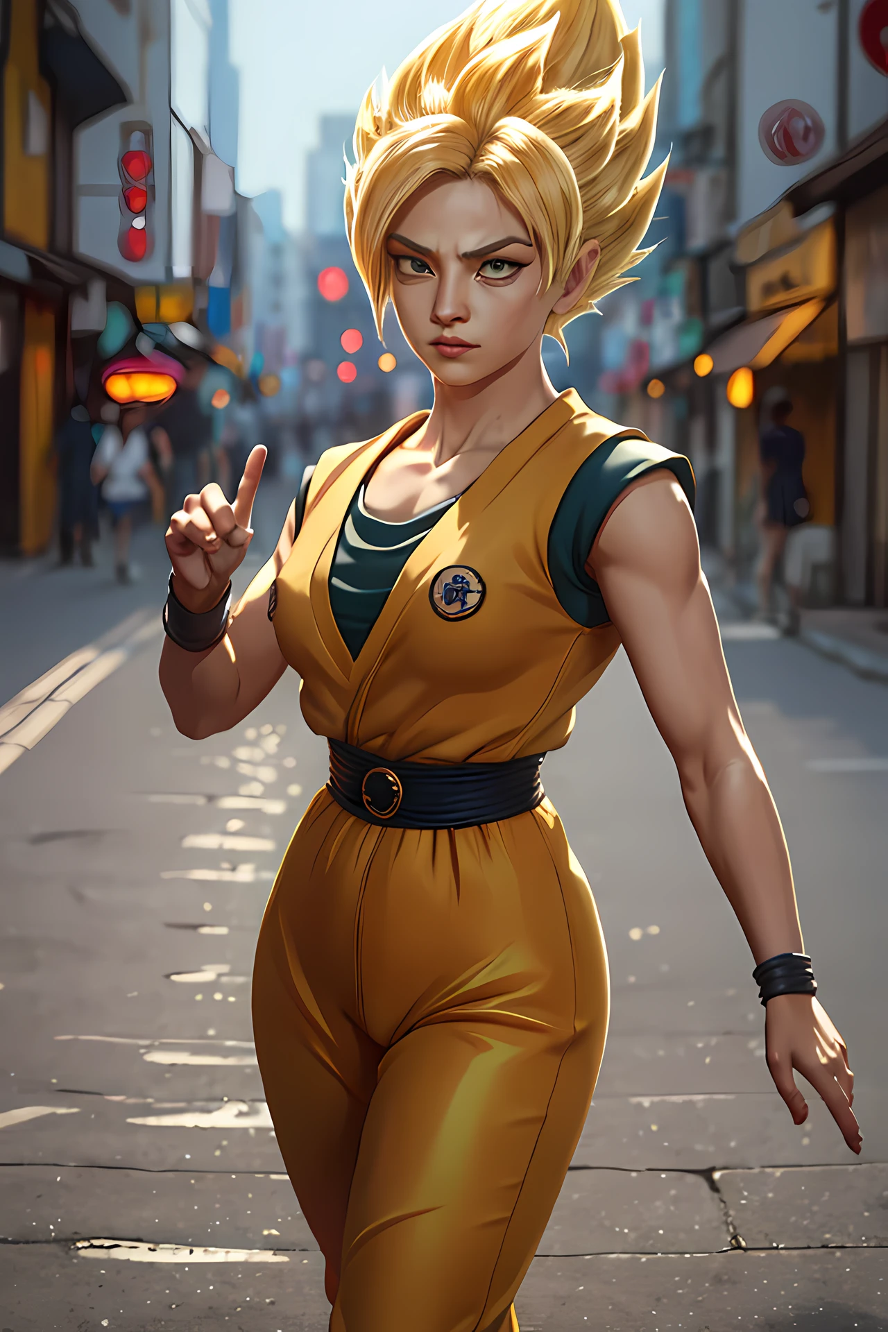 (realistic: 1.2), (realism), (masterpiece: 1.2), (best quality), (ultra detailed), (8k, 4k, complex),(full body shot: 1), (85mm), particles light, lighting, (high detailed: 1.2), (detailed face: 1.2), big eyes, beautiful goddess, makeup, perfect face, perfect lighting, 1girl, super saiyan, woman, blonde hair, (super saiyan), spiky hair , (long hair), energy ball in right hand, death glow, serious look, TurtleSchoolUniform, dougi, belt, orange pants, blue shoes, small, fist, huge chest, (glowing skin), glowing skin, wind blowing to top, yellow power aura, green pupils, gravel background, broken ground, (finely detailed skin: 1.3), cinematic light, edge lighting, ultra high resolution, best shadow, delicate, octane, unreal engine, (cameltoe:1.3) , walking the streets of Japan)), random poses,