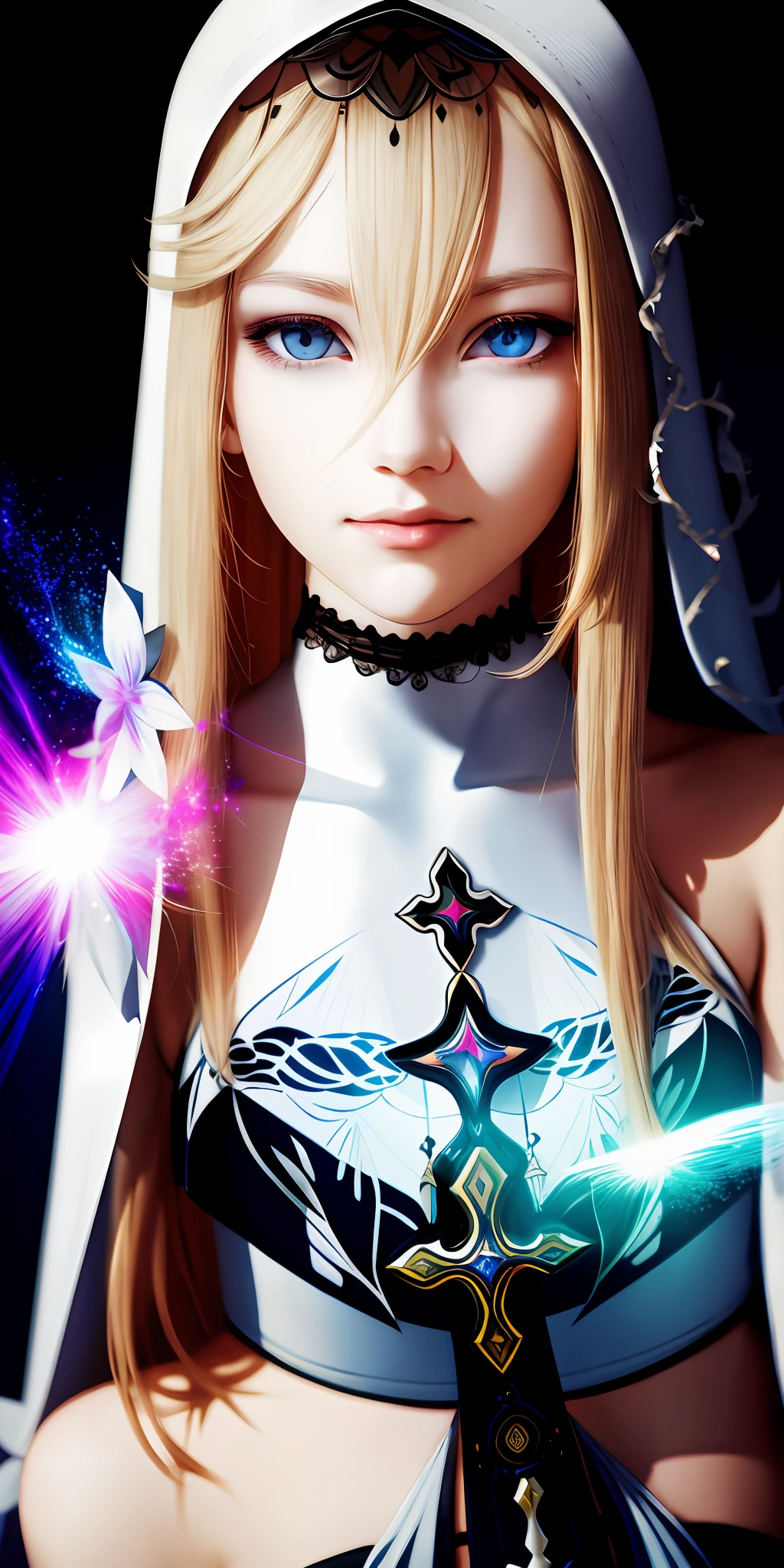1girl, light blonde, multicolored hair, light blue eyes, nun, side lighting, light particles, wallpaper,