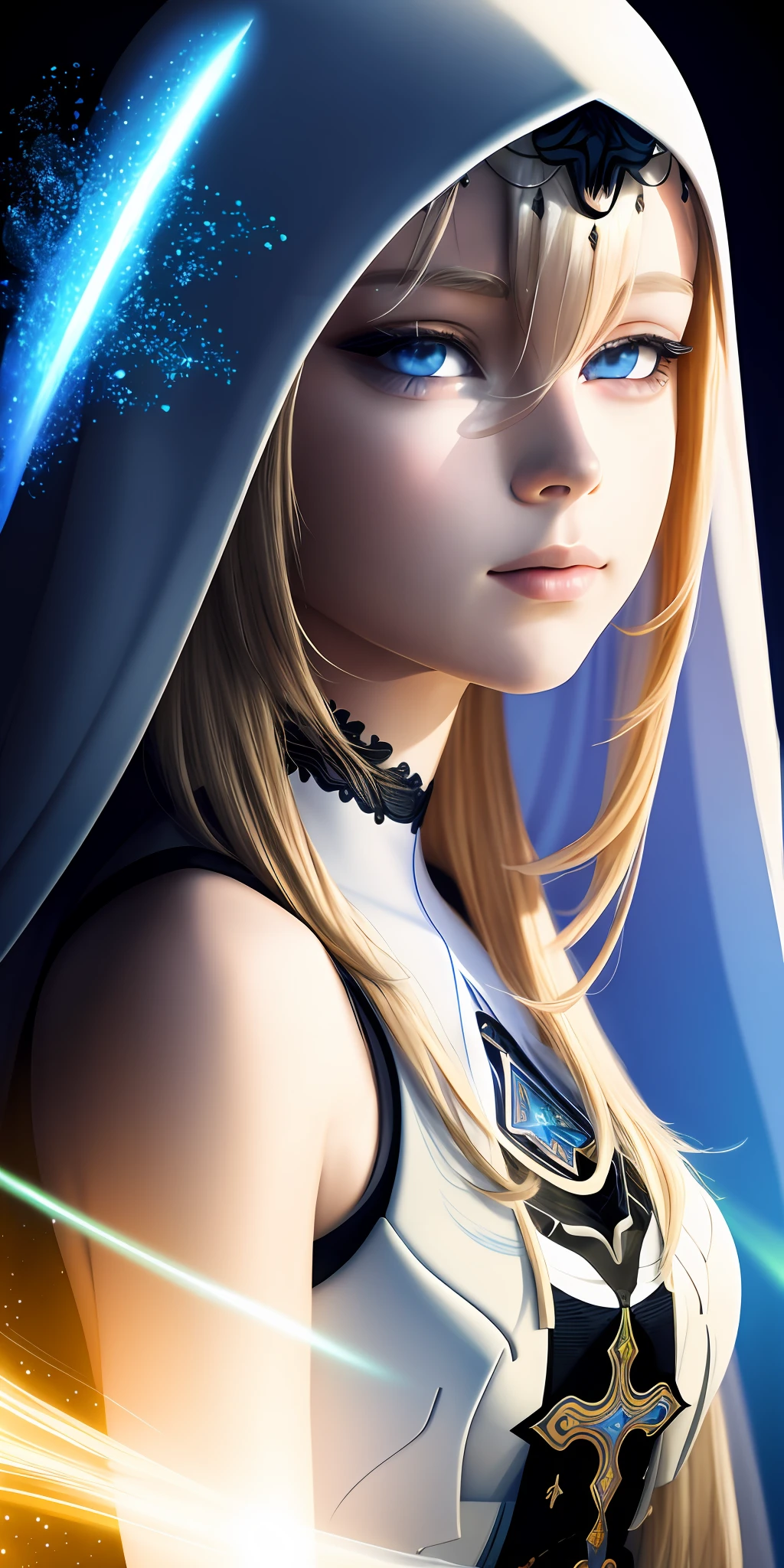 1girl, light blonde, multicolored hair, light blue eyes, nun, side lighting, light particles, wallpaper,