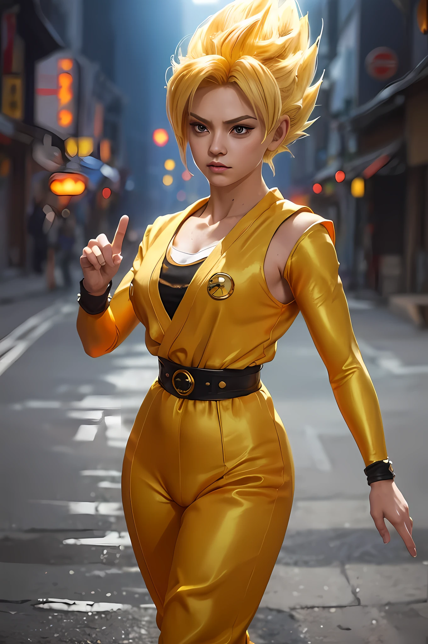 (realistic: 1.2), (realism), (masterpiece: 1.2), (best quality), (ultra detailed), (8k, 4k, complex),(full body shot: 1), (85mm), particles light, lighting, (high detailed: 1.2), (detailed face: 1.2), big eyes, beautiful goddess, makeup, perfect face, perfect lighting, 1girl, super saiyan, woman, blonde hair, (super saiyan), spiky hair , (long hair), energy ball in right hand, death glow, serious look, TurtleSchoolUniform, dougi, belt, orange pants, blue shoes, small, fist, huge chest, (glowing skin), glowing skin, wind blowing to top, yellow power aura, green pupils, gravel background, broken ground, (finely detailed skin: 1.3), cinematic light, edge lighting, ultra high resolution, best shadow, delicate, octane, unreal engine, (cameltoe:1.3) , walking the streets of Japan)), random poses,