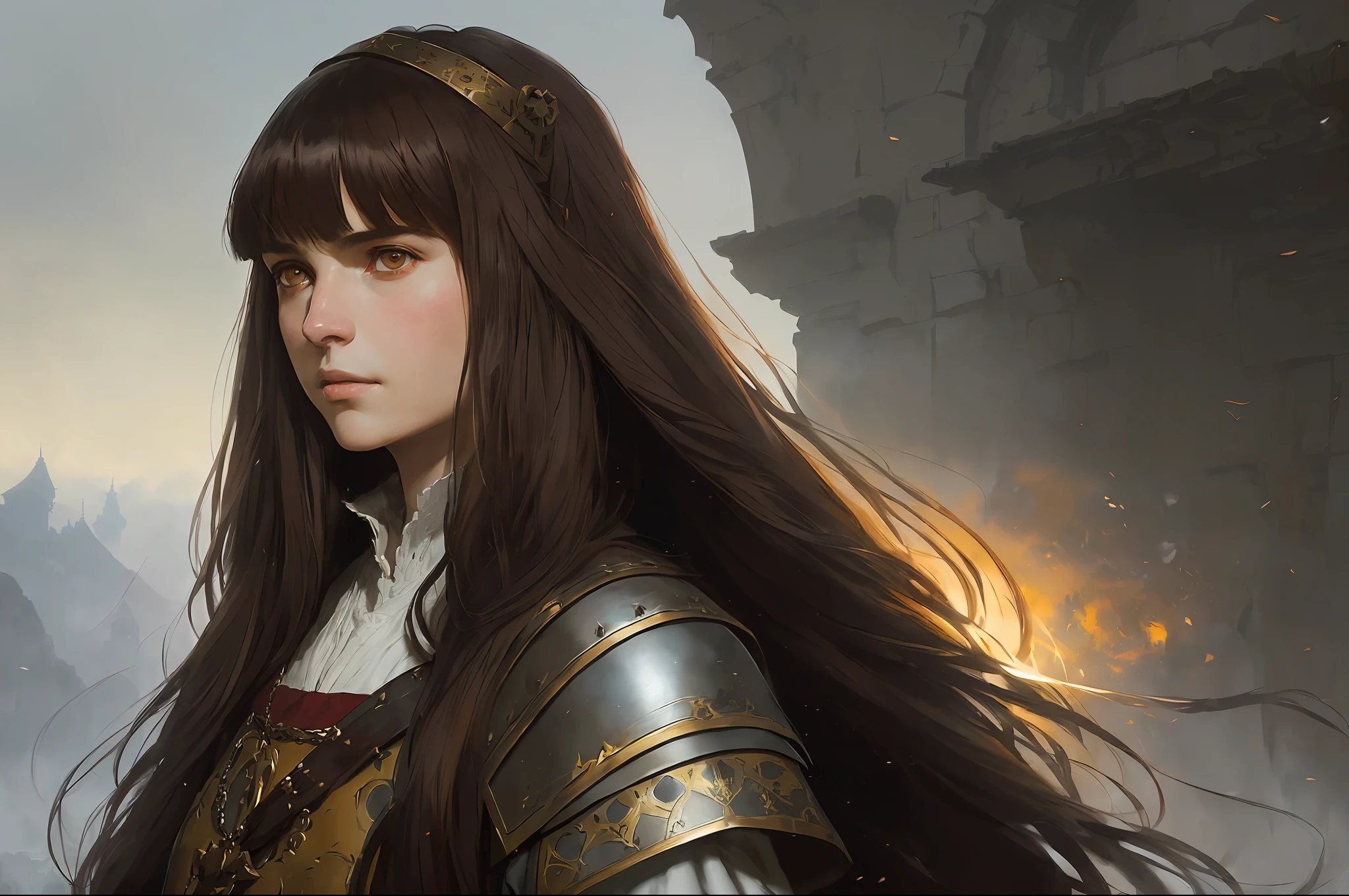 (full portrait of a medieval castilian woman with long brown hair and a beautiful bangs), (determined feature), (((good detailed eyes)) ultra detailed face, rpg concept art, greg rutkowski art, ruan jia art, Ilya kuvshinov art, darker environment, character sheet, ultra detailed, Ultra Quality