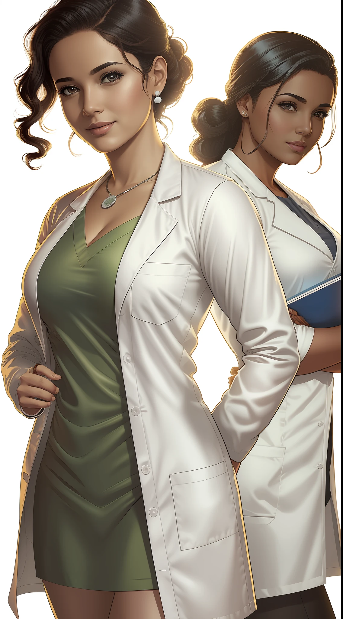 Comic book hospital director, woman, young age, latin woman, wearing lab coat, white background, illustration.