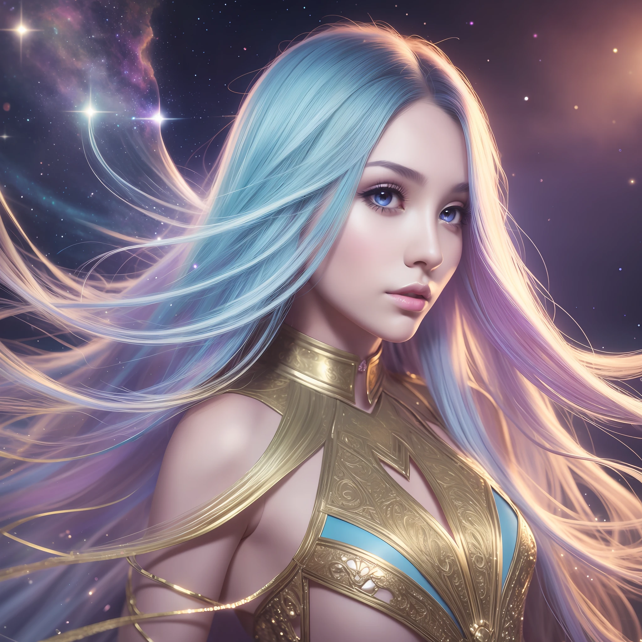 Fantasy space background for a photograph of a pleiadian with natural skin, long and voluminous hair, sharp eyes, a thin and upturned nose, shapely lips, an hourglass body shape, typical clothes and makeup, intricately maximalist-detailed, vibrant, epic, smooth, cinematic, 4K, backlit, and a shallow depth of field.