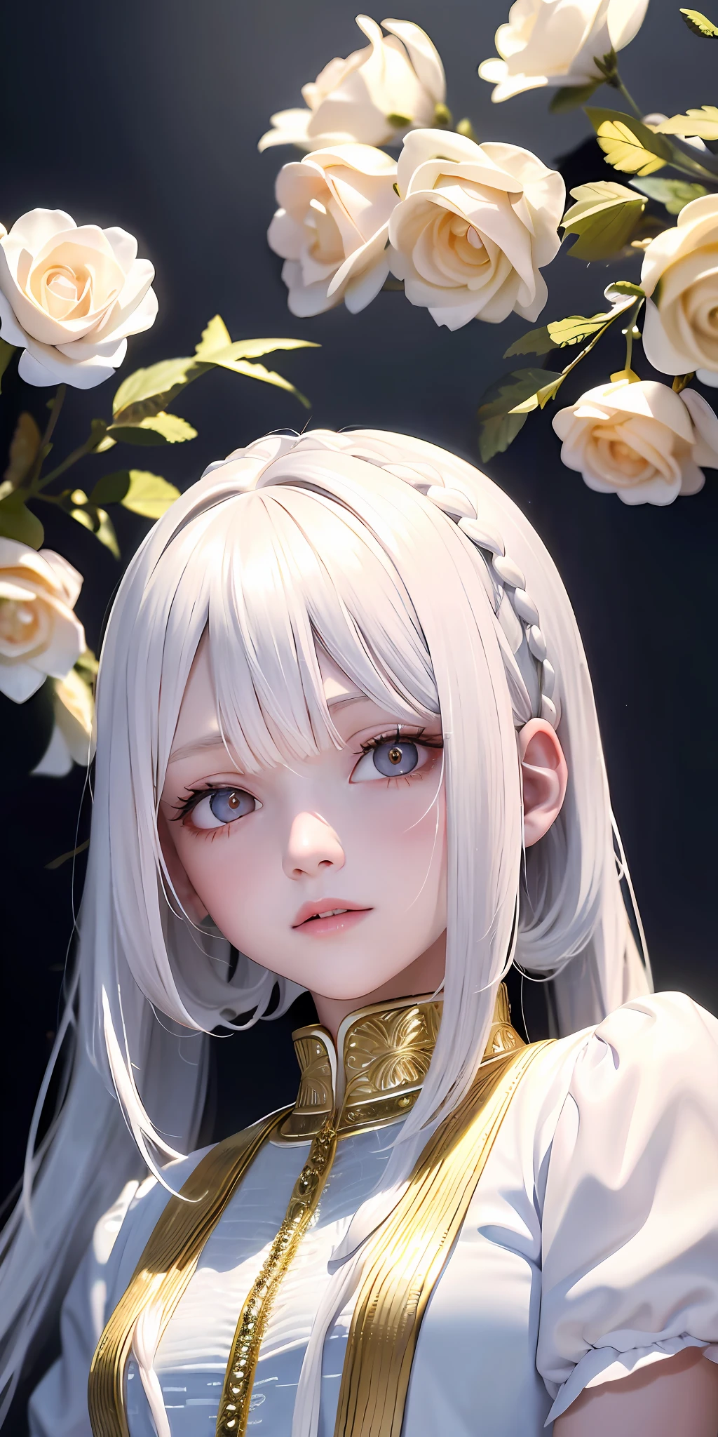 best quality, masterpiece,white hair, gold eyes,white clothes, looking up, upper body,hair strand,Fair skin,side braids