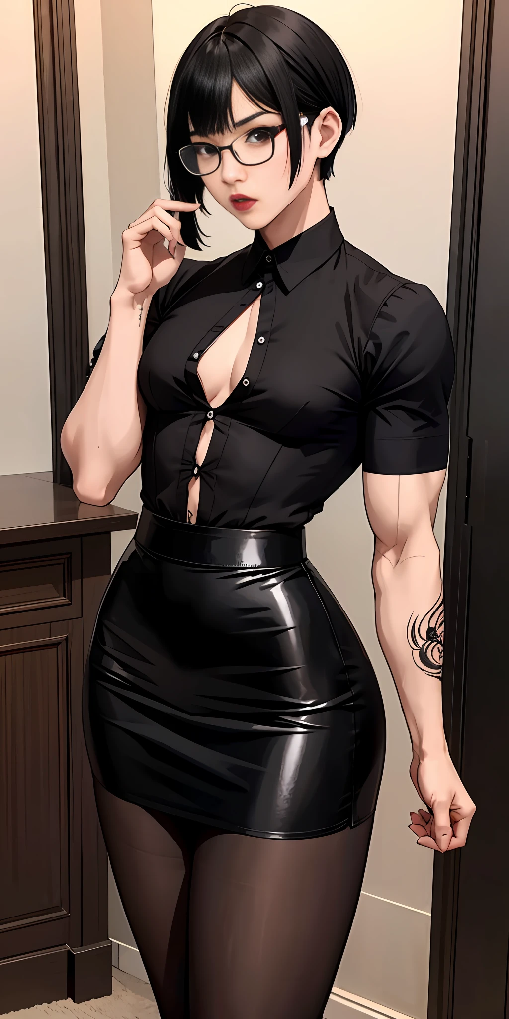 Boy, Asian, male body, adult, tattoo, lipstick, gothic, girl face, serious face, glasses, black hair (short with bangs),perfect body, fit body, thin waist, (room), muscular, small female chest, pencil skirt button-down shirt, pantyhose, pretuberance, sissy, femboy, big ass,