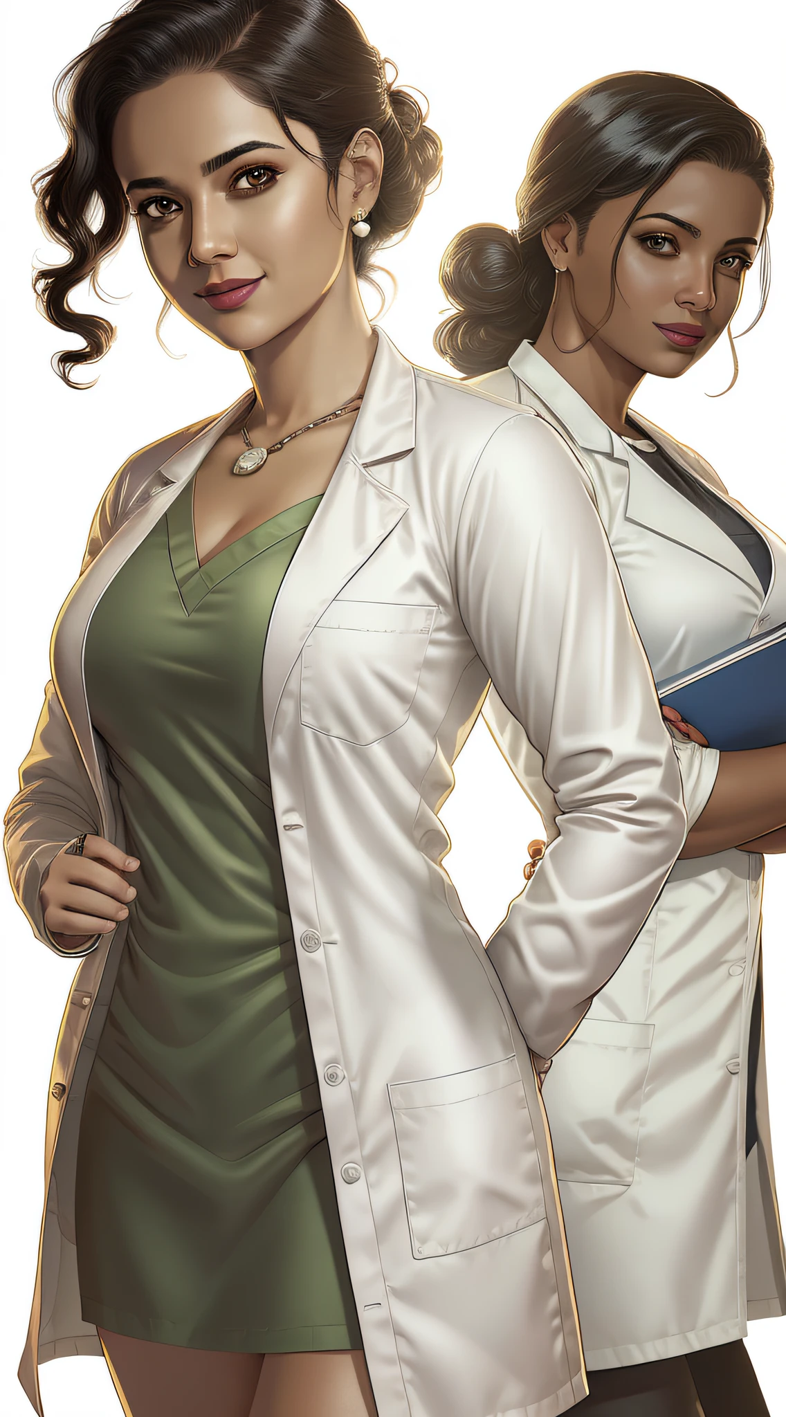 Comic book hospital director, woman, young age, latin woman, wearing lab coat, white background, illustration.