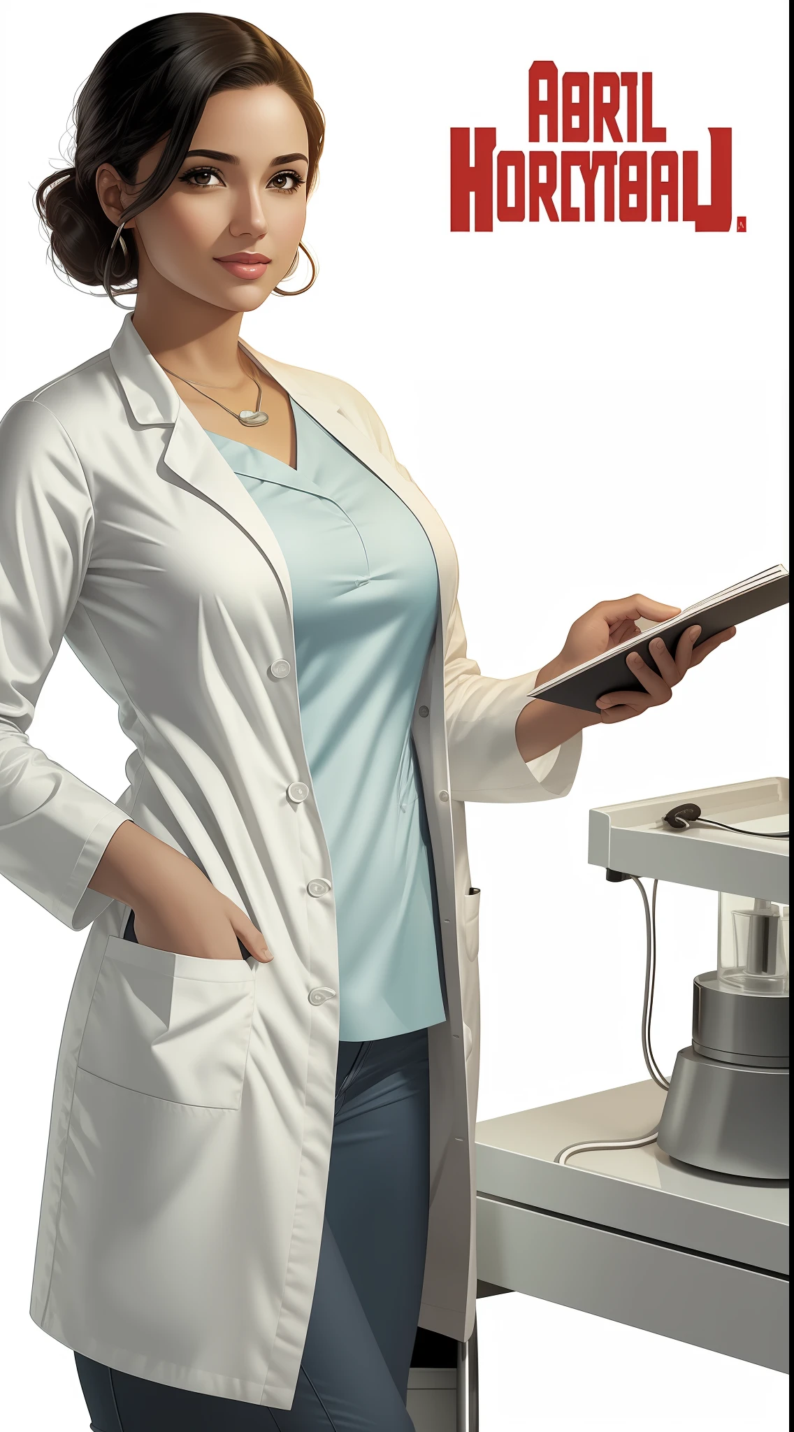 Comic book hospital director, woman, young age, latin woman, wearing lab coat, white background, illustration.